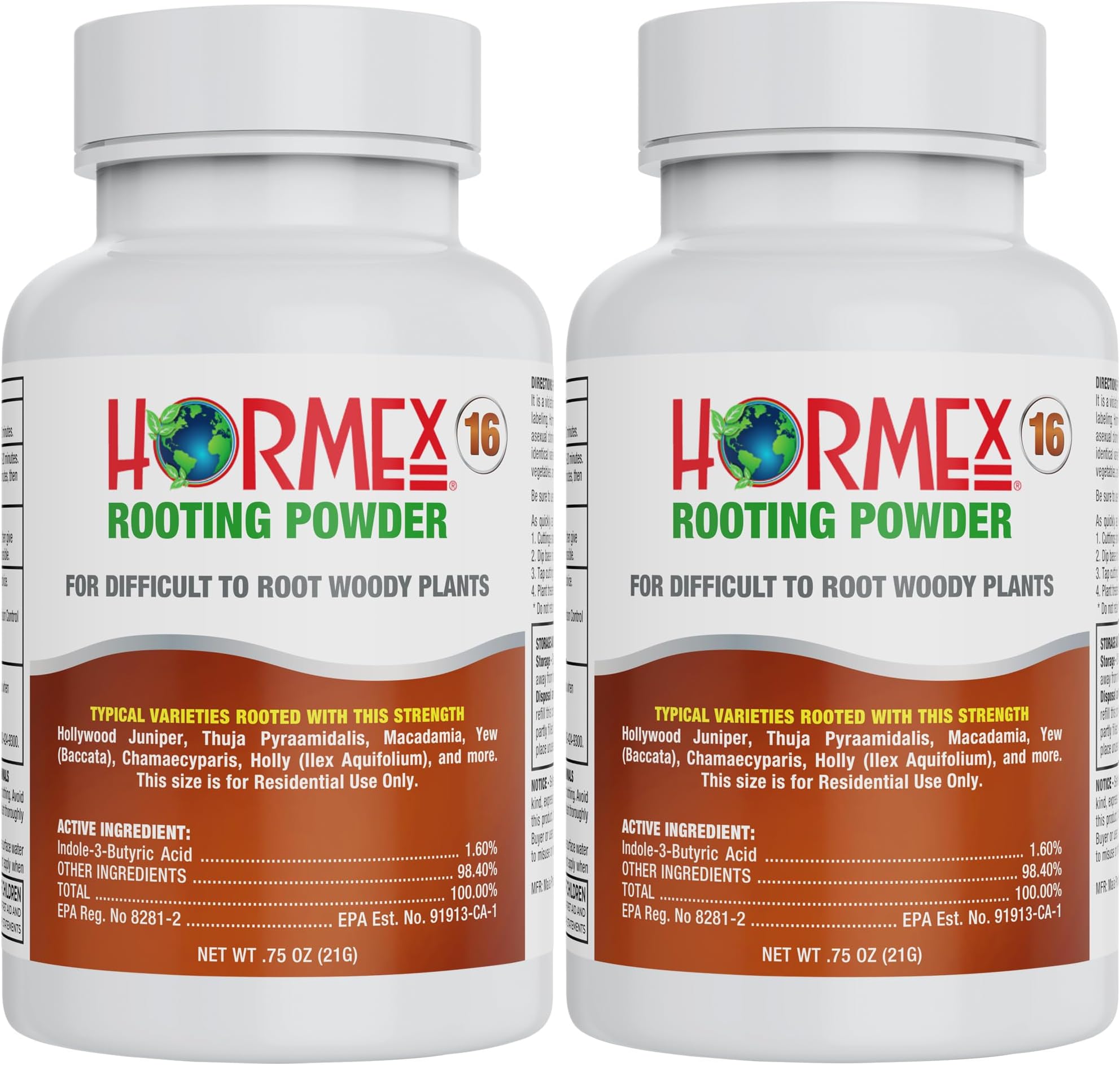 Hormex Rooting Hormone Powder #16 (1.60% IBA) for Difficult Hardwood Plants & Trees - Maximum Strength Root Stimulator, Growth Hormone & Root Booster for Woody Cuttings, Cloning & Propagation (2 Pack)