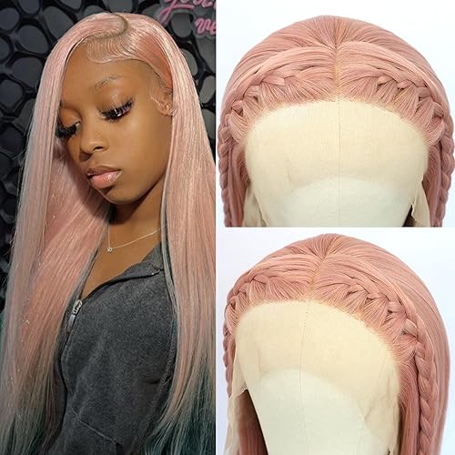 Miniatura 9 de Oxeely Pelucas de cabello largo y lacio, color rosa, encaje frontal, línea capilar natural, sin pegamento, resistente al calor, para mujeres negras,