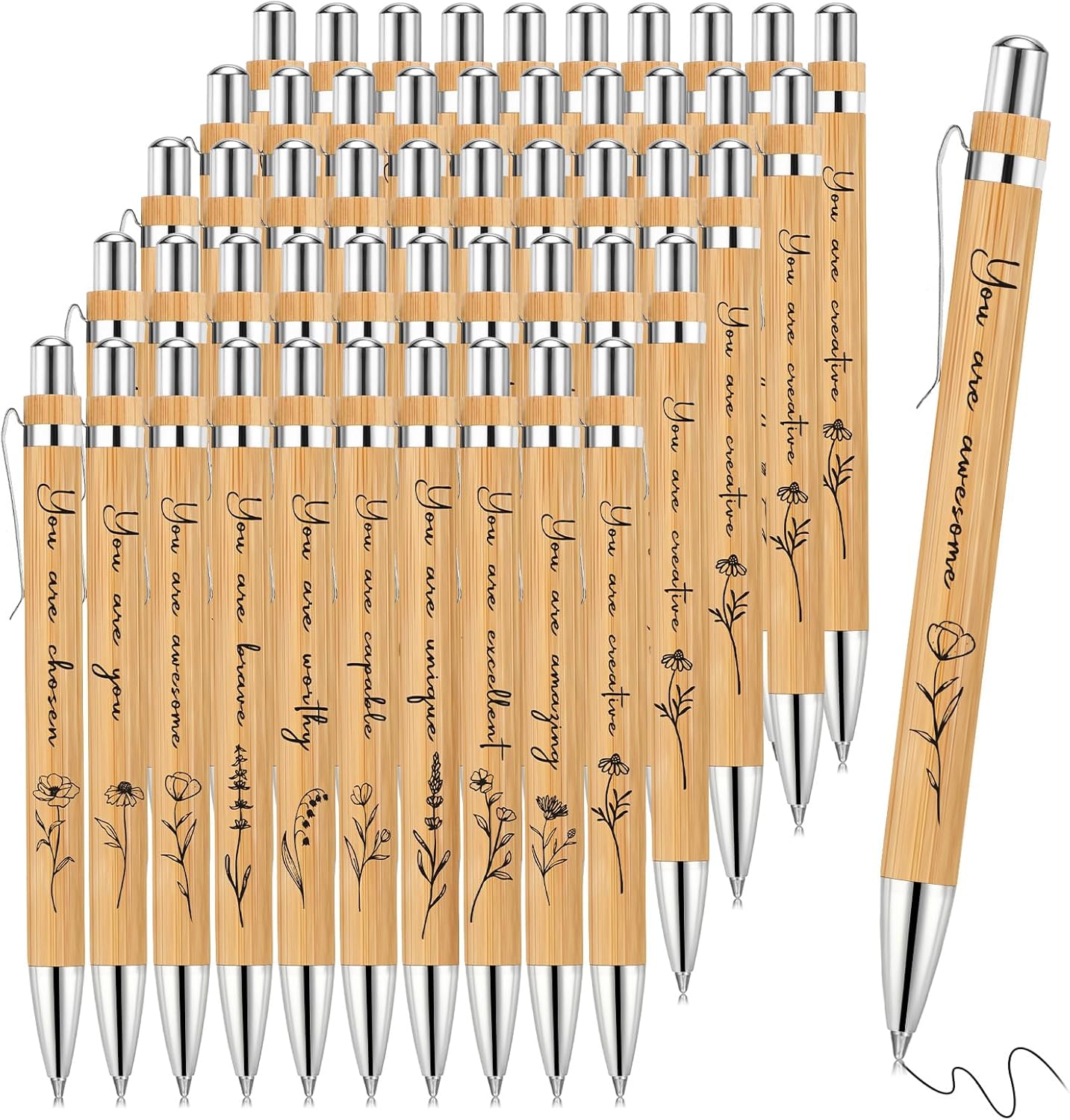 Watersay 30 Pcs Inspirational Bamboo Pens Bulk for Appreciation Gifts