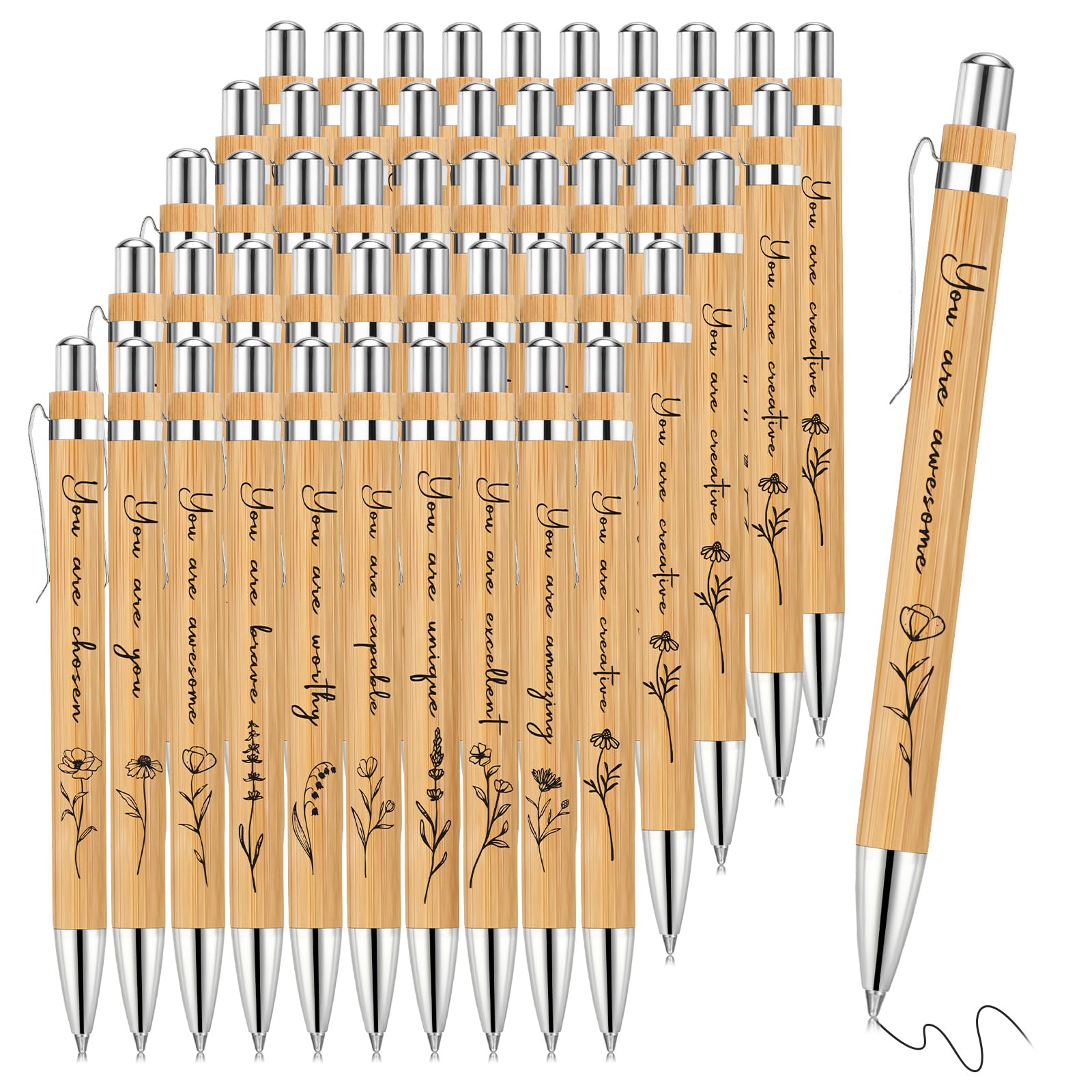 30 Pcs Inspirational Bamboo Pens Flower Ballpoint Pens Bulk with Black Ink Employee Appreciation Gift Thank You Gift Party Favors School Office Writing Supplies for Women Men Coworker Staff