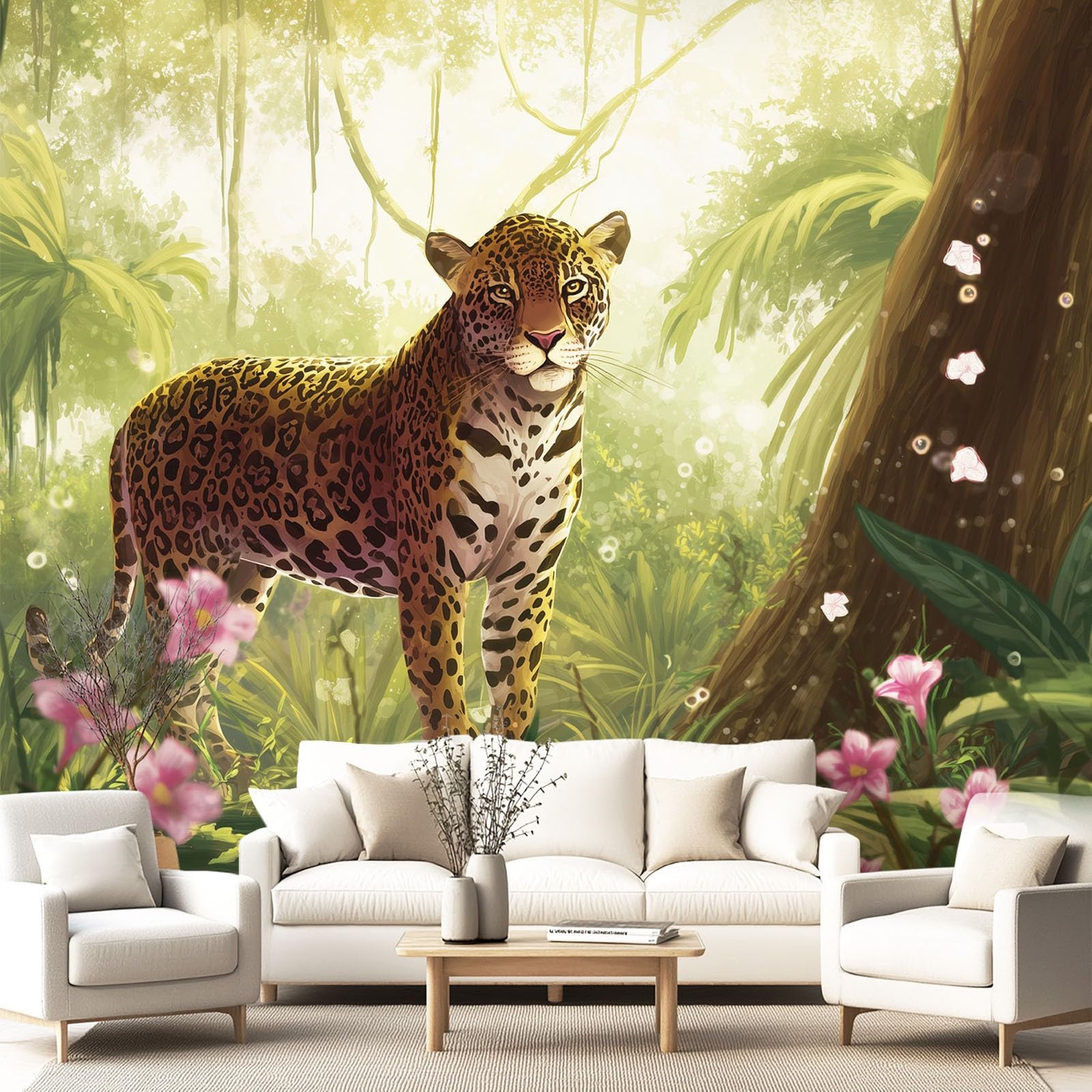 Generisch Tapete Vintage Tier - Leopard Blumen Muster- Vliestapete Wand Deko Mustertapete Modern Wandtapete Wanddeko - Motivtapeten - 350 x 256 cm