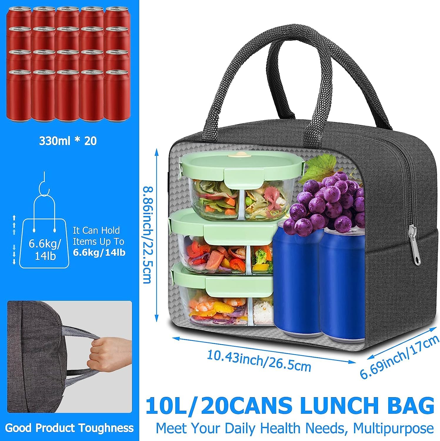   ランチバッグ　10個 Amazon.co.jp: グレー 10L 20缶 断熱ランチバッグ レディース メンズ