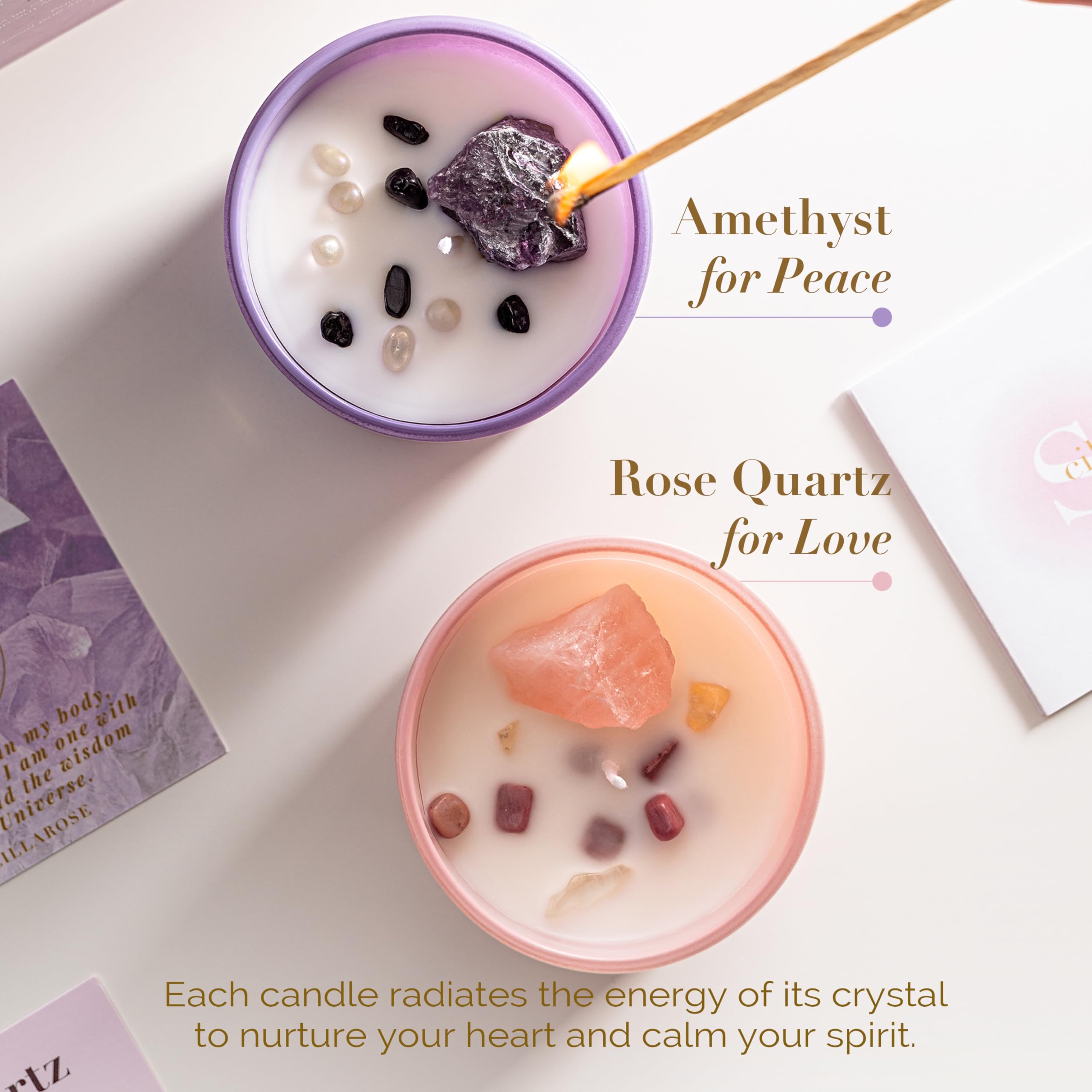 Scilla Rose Juego de velas de cristal de lujo, velas de cera de soja perfumadas de cuarzo rosa y amatista, cuidado personal de aromaterapia, sueño de lavanda, alivio del estrés, regalos únicos