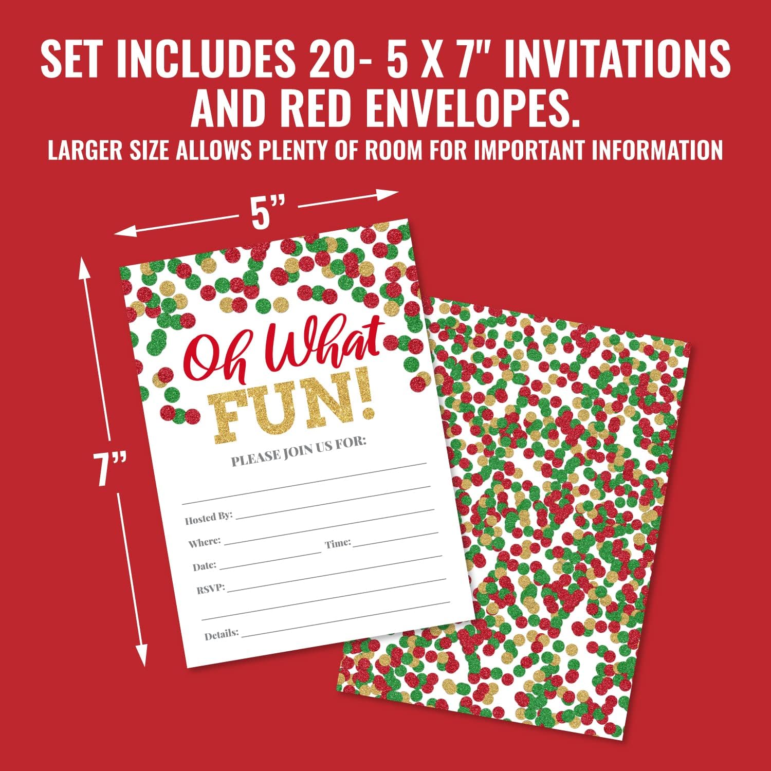 20 Holiday Party Invitations Oh What Fun with Red, Green and Gold Dots, (NOT real glitter) Christmas Eve, Office, Church, Bridal or Baby Shower, Friend, Family or Neighbor Season Events