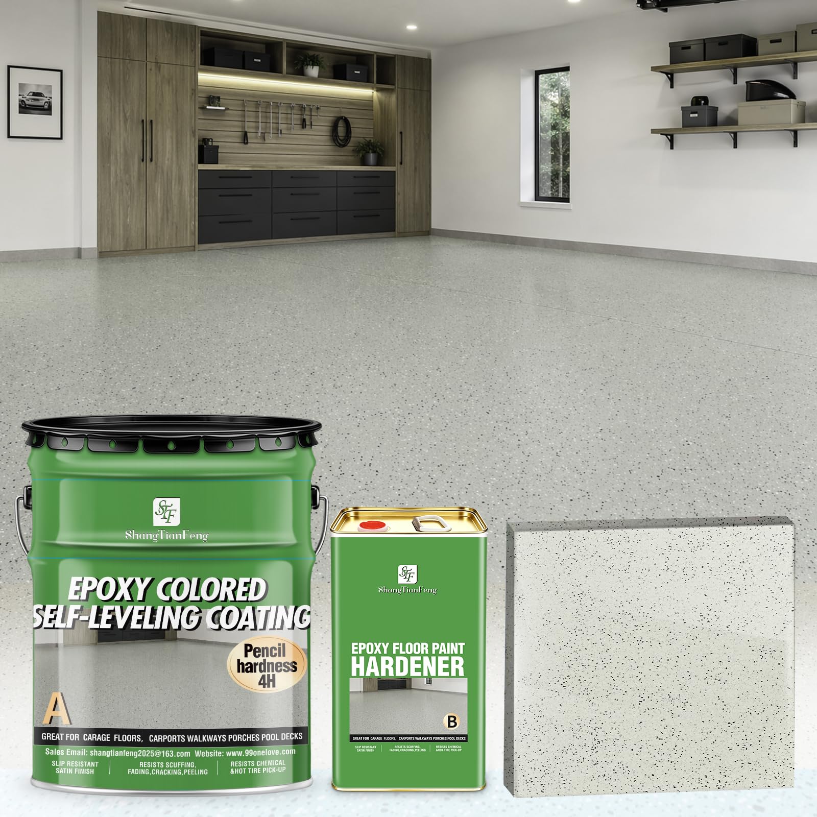 4 Gallon Epoxy Colored Sand Self‑Leveling Floor Paint, Marble‑Effect, 100% High Solids, 5.5:1 Sand‑Aggregate Ratio, 6H Hardness,1.5mm Finished Thickness (Milk White,512 Fl Oz,100 Sq.Ft)