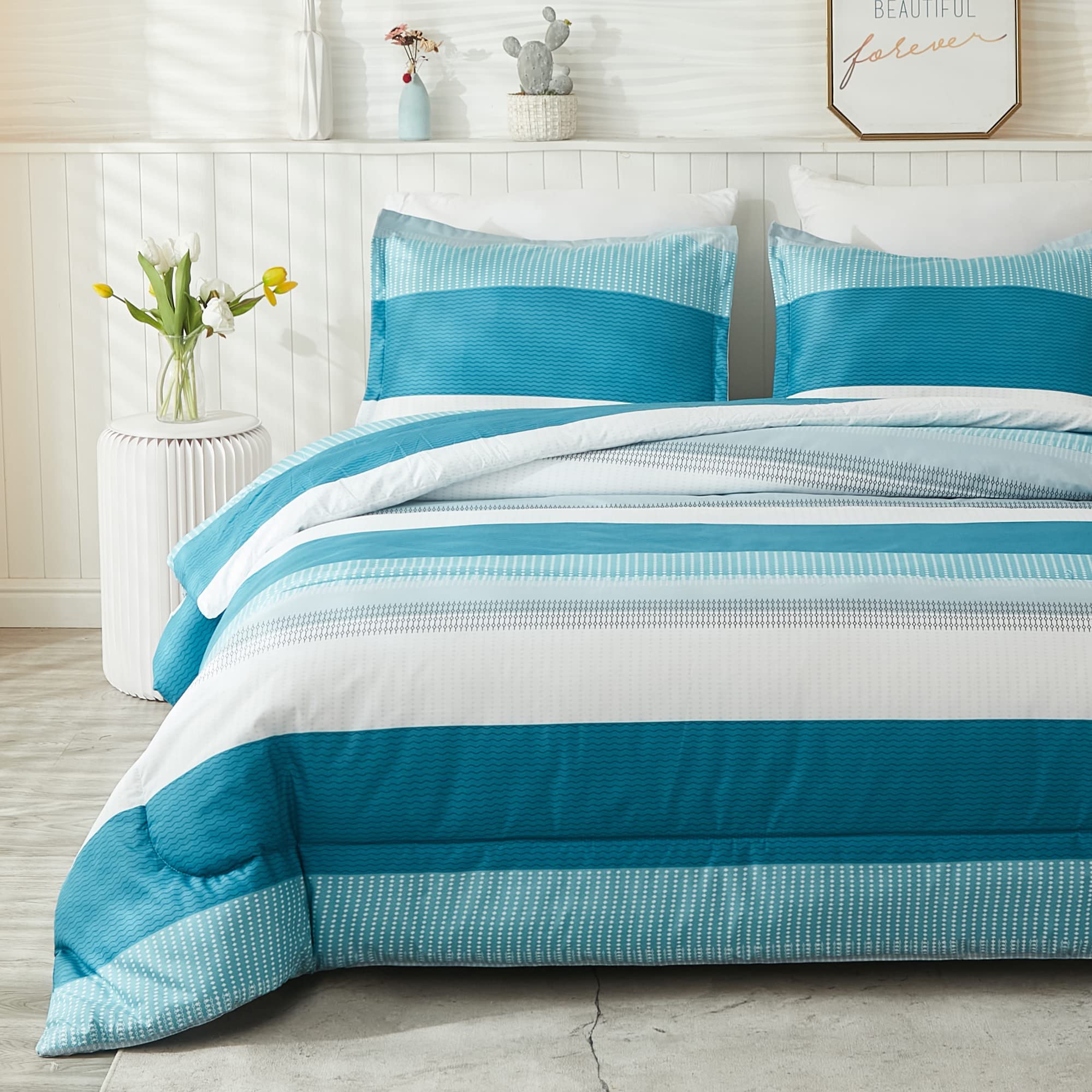 Litanika Teal California King Comforter Set - 3 Pieces Turquoise Cal King Oversized Lightweight Summer Colorblock Stripe Bedding Set (104x96In, 2 Pillowcases)