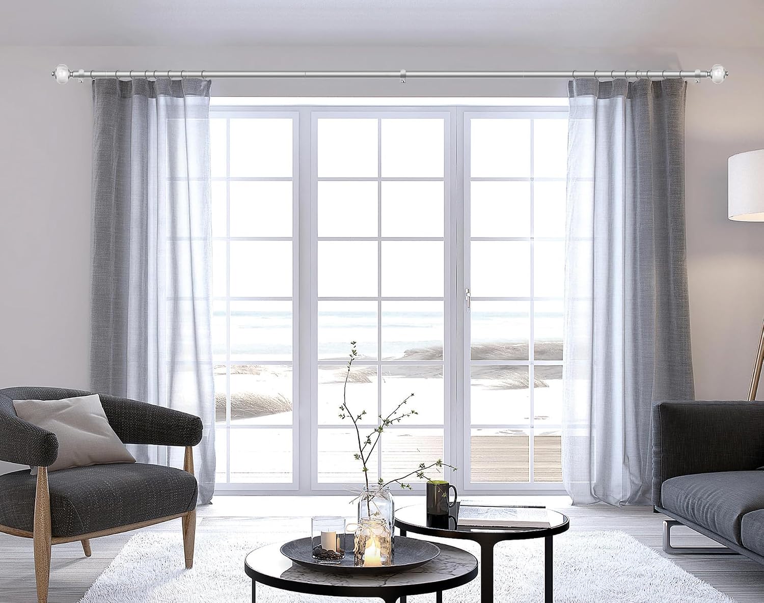 KAMANINA Bundle of 32-144" Silver Single Curtain Rod with Marble Ends and White Curtain Rings with Clips 20 Pack, with Interior Diameter 1.5 In image 2