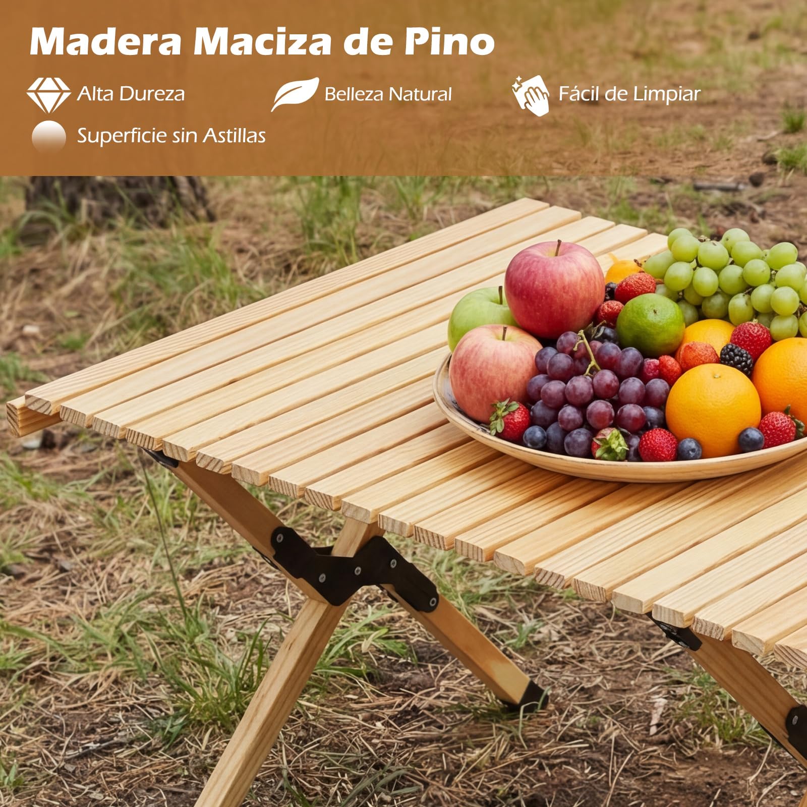 COSTWAY Mesa Plegable Camping, Mesa de Picnic Plegable con Tablero Enrollable de Madera Pino y Bolsa de Transporte para 4-6 Personas, Portátil para Playa, BBQ, Fiestas, 122 x 60 x 45 cm (Natural)