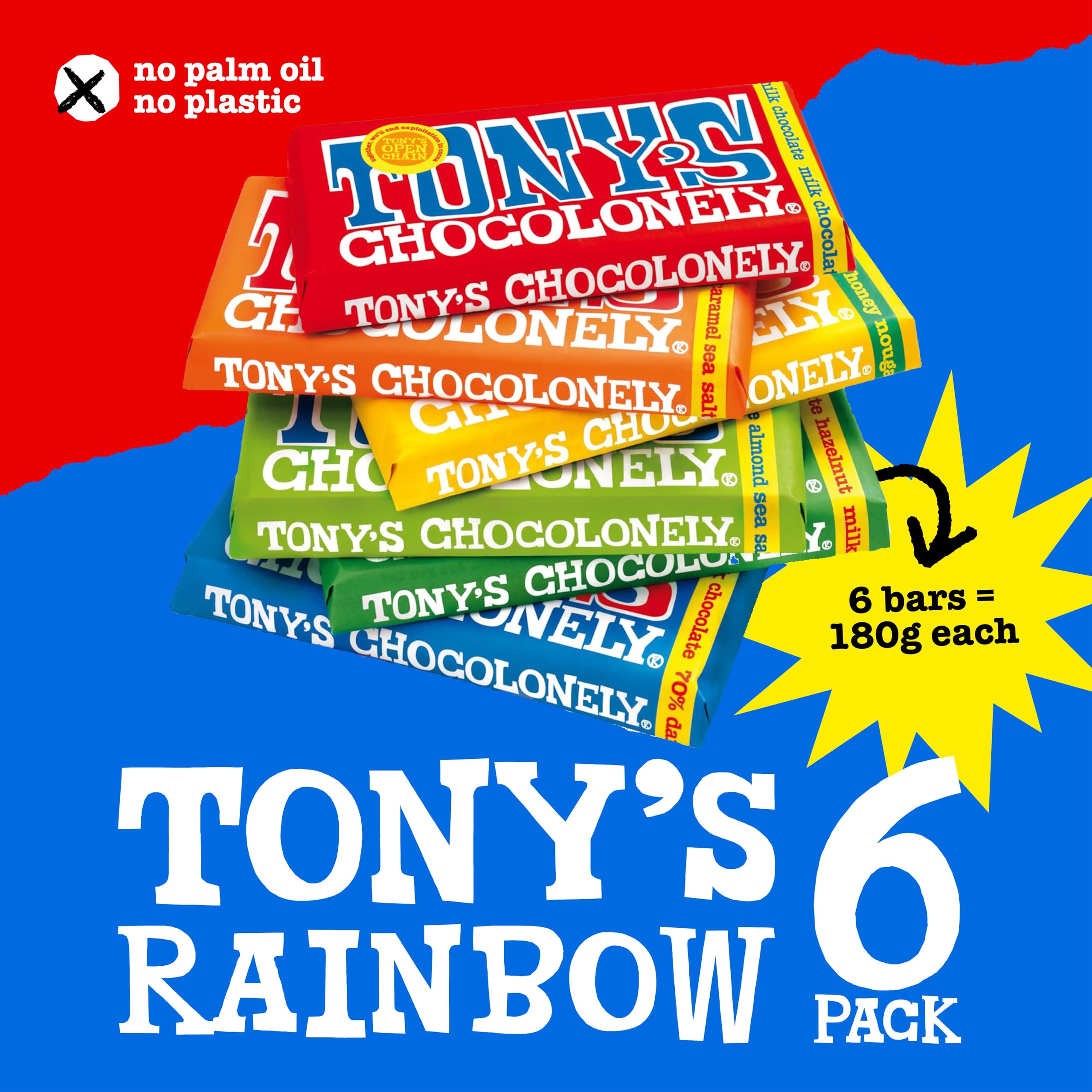 Tony's Chocolonely Rainbow Classic Pack - 6 x 180 g batonów czekoladowych, pudełko upominkowe, 6 smaków, wegetariańska - belgijska czekolada Fairtrade