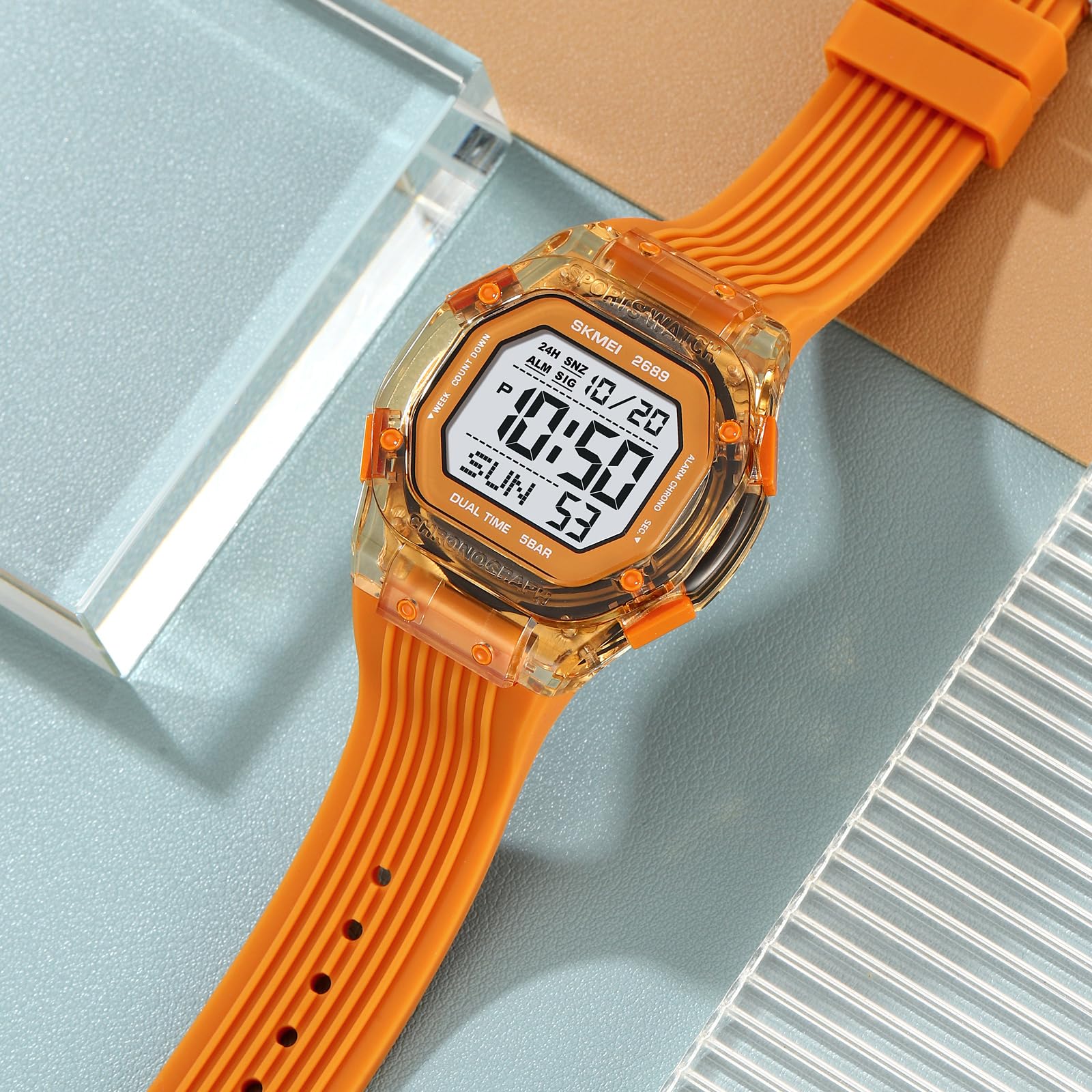 Gosasa Orologio sportivo digitale alla moda, impermeabile fino a 50 m, con cassa quadrata trasparente, leggero, per attività all'aperto, per donne e uomini, con retroilluminazione EL, doppio fuso