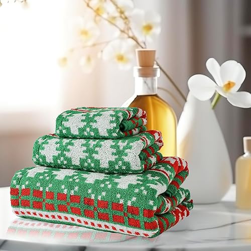 Miniatura 3 de Juego de toallas de baño de lujo con diseño de copos de nieve con diseño verde para niños, 1 toalla de baño, 1 toalla de mano 100% algodón, ultra
