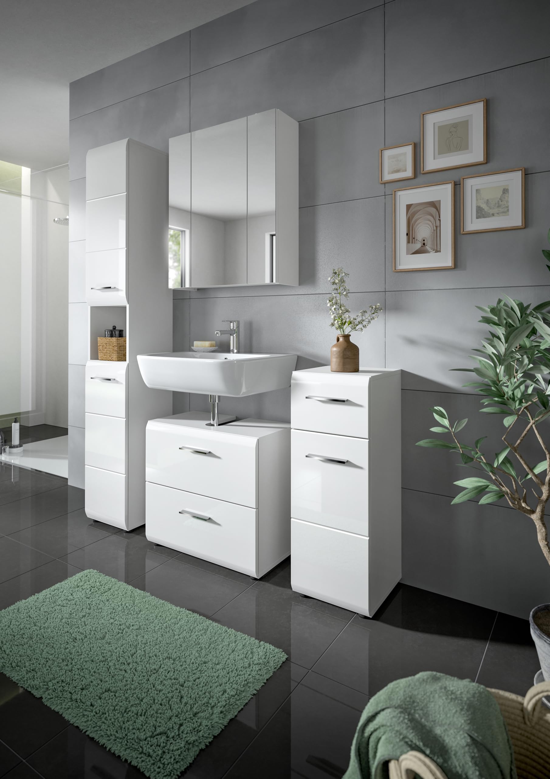 xonox.home – 4 TLG. Badmöbel-Kombination Ice 150x185x30 cm in Korpus weiß Nachbildung und Front weiß Hochglanz – Elegantes Badmöbel-Set – platzsparend – Bild 5