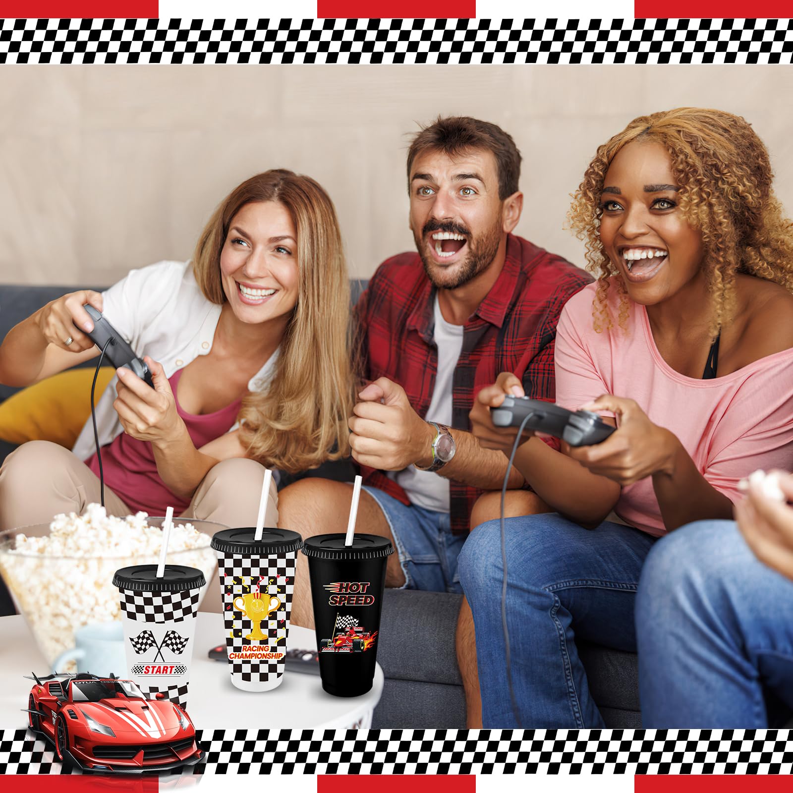 24er Set Rennwagen Partybecher 710ml mit Deckel Strohhalm | Trinkbecher mit Deckel für Kindergeburtstag Auto Motto Party Race Car Deko Mitgebsel