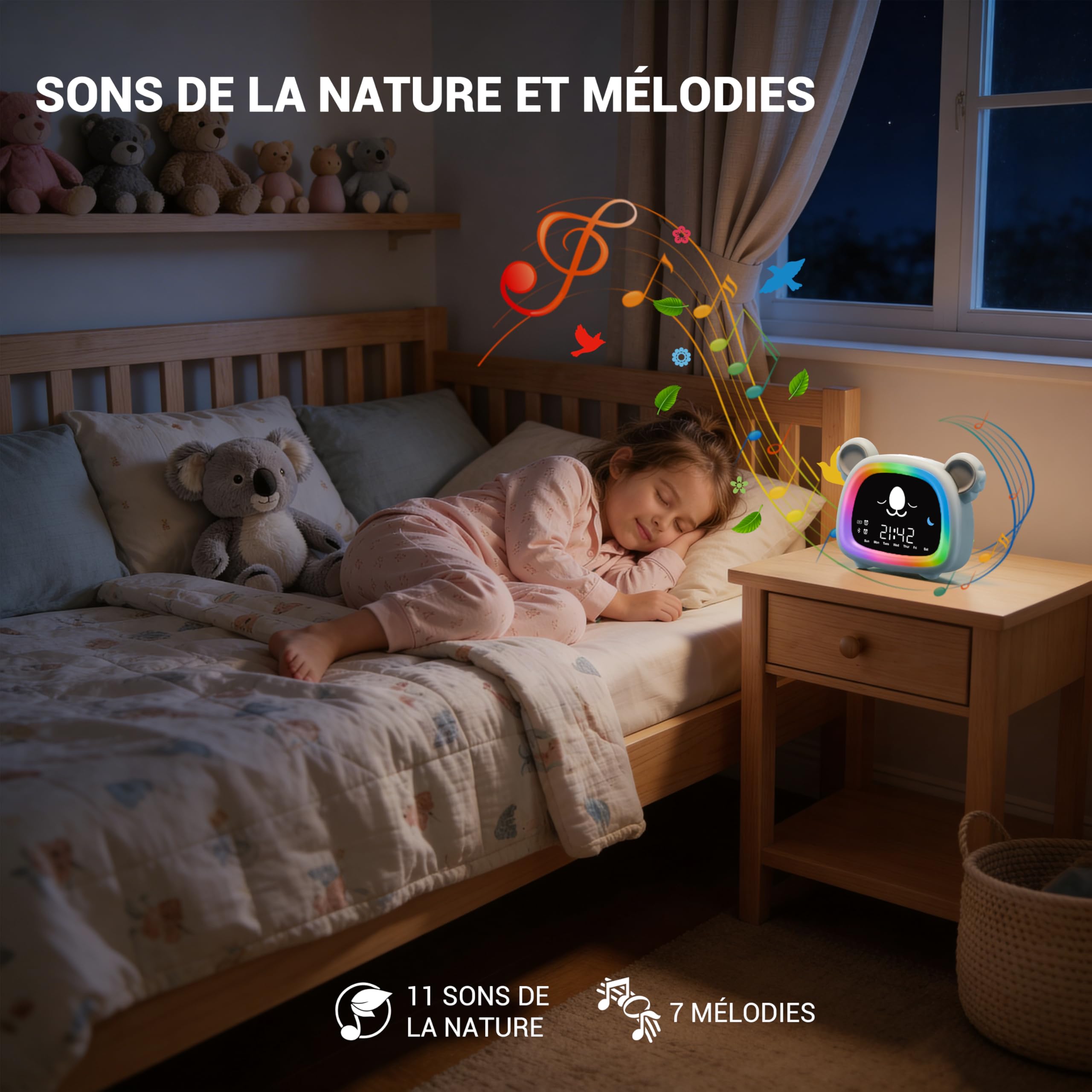 OCTAV - Despertador infantil educativo día/noche, luz nocturna, Bluetooth, aplicación | Musical & Sonido Natural – Luz nocturna LED recargable – Aplicación móvil – Aprendizaje del sueño con sol/luna