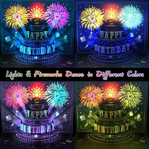 Miniatura 3 de Tarjetas de cumpleaños de fuegos artificiales 3D mejoradas, luces musicales y LED, tarjetas de cumpleaños con pastel de cumpleaños inflable,