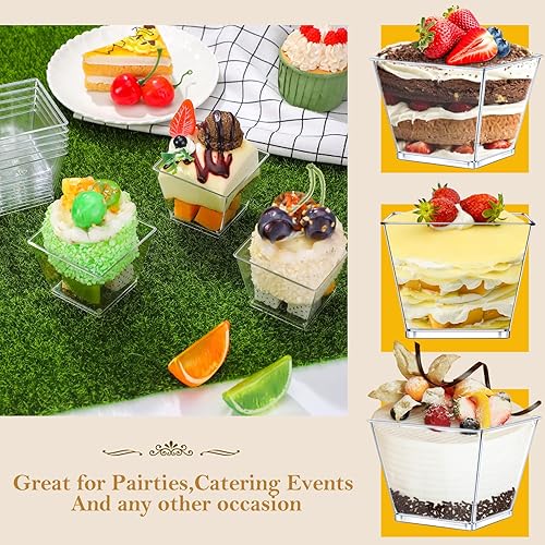 Miniatura 7 de Dingion Juego de 400 tazas de postre de plástico de 4 onzas con cuchara, 200 tazas cuadradas de mousses y 200 cucharas de degustación con purpurina