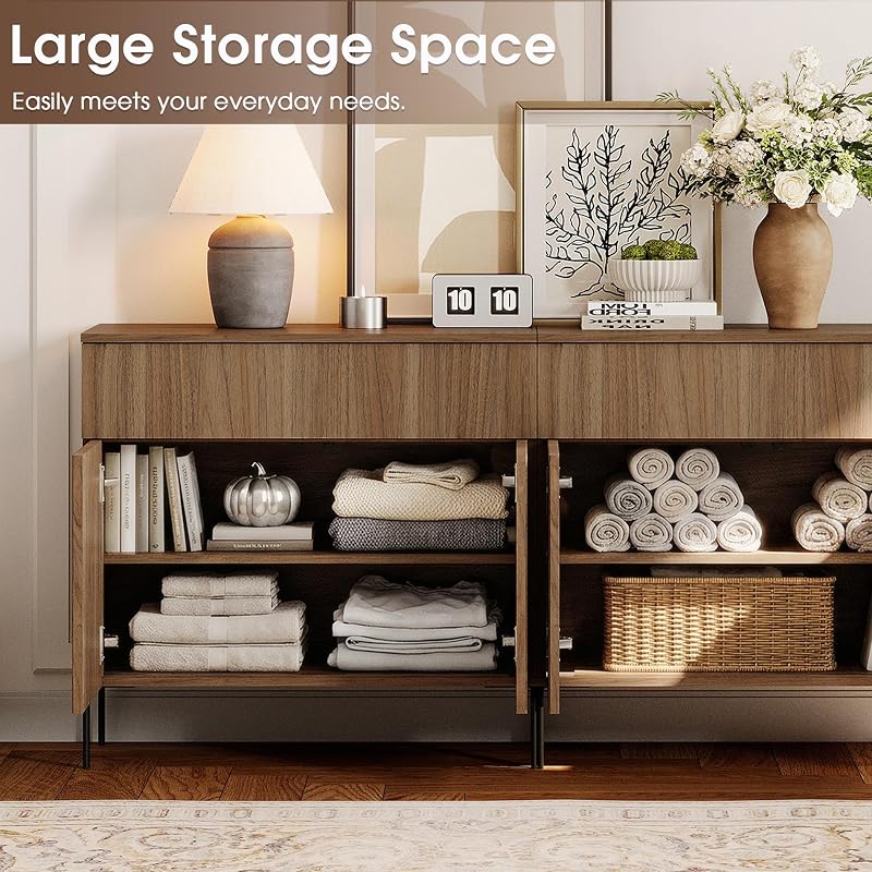 WAMPAT Large Fluted TV Stand TVs up to 120 inch, 126" W Modern TV Entertainment Center with Storage and 4 Drawers & 8 Doors, Wood Media TV Console Table with Storage for Living Room, Light Walnut image 5