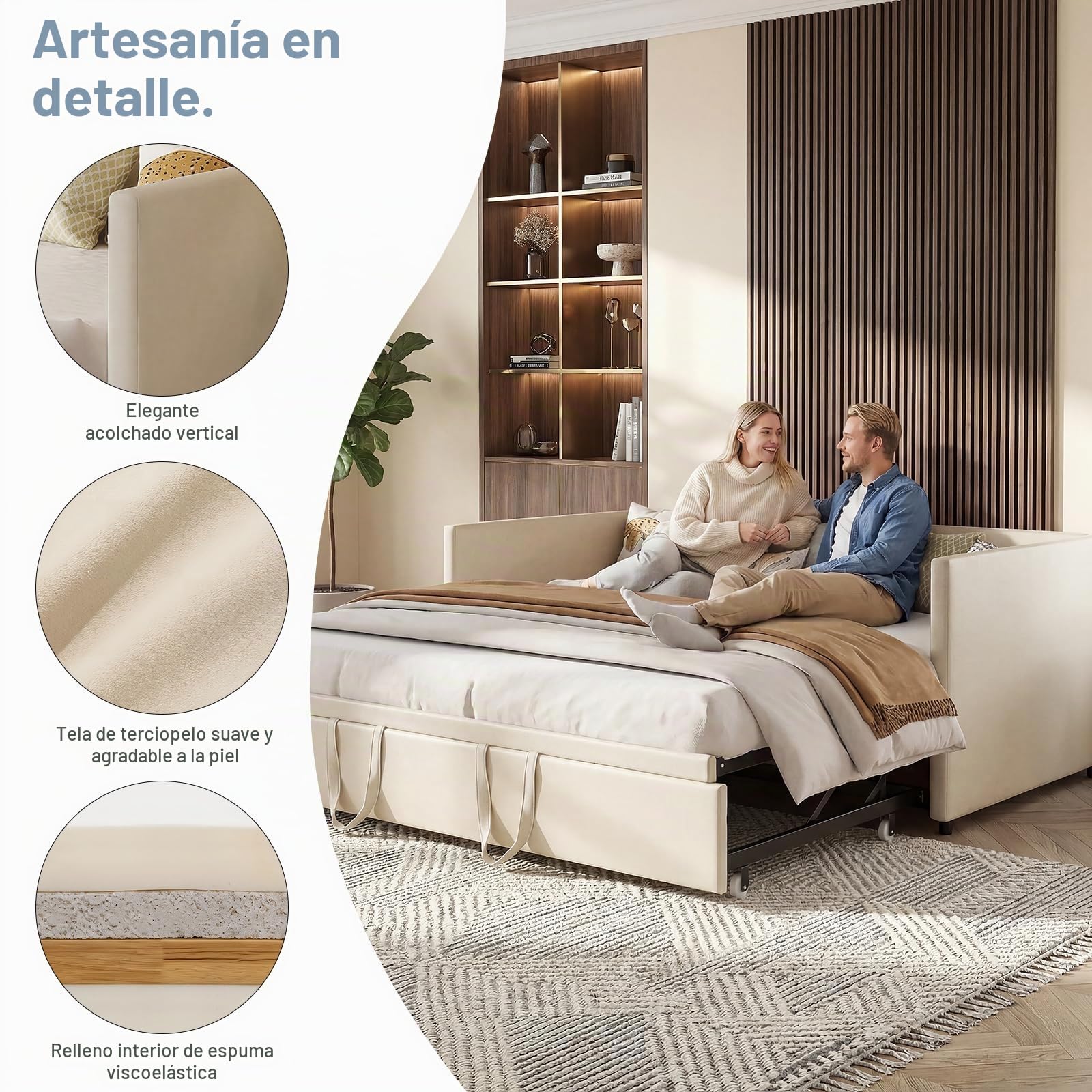 Cama de día extensible 90 x 200/180 x 200 – Sofá cama tapizada con cama plegable y somier de láminas, sofá cama doble de terciopelo beige, sin colchón