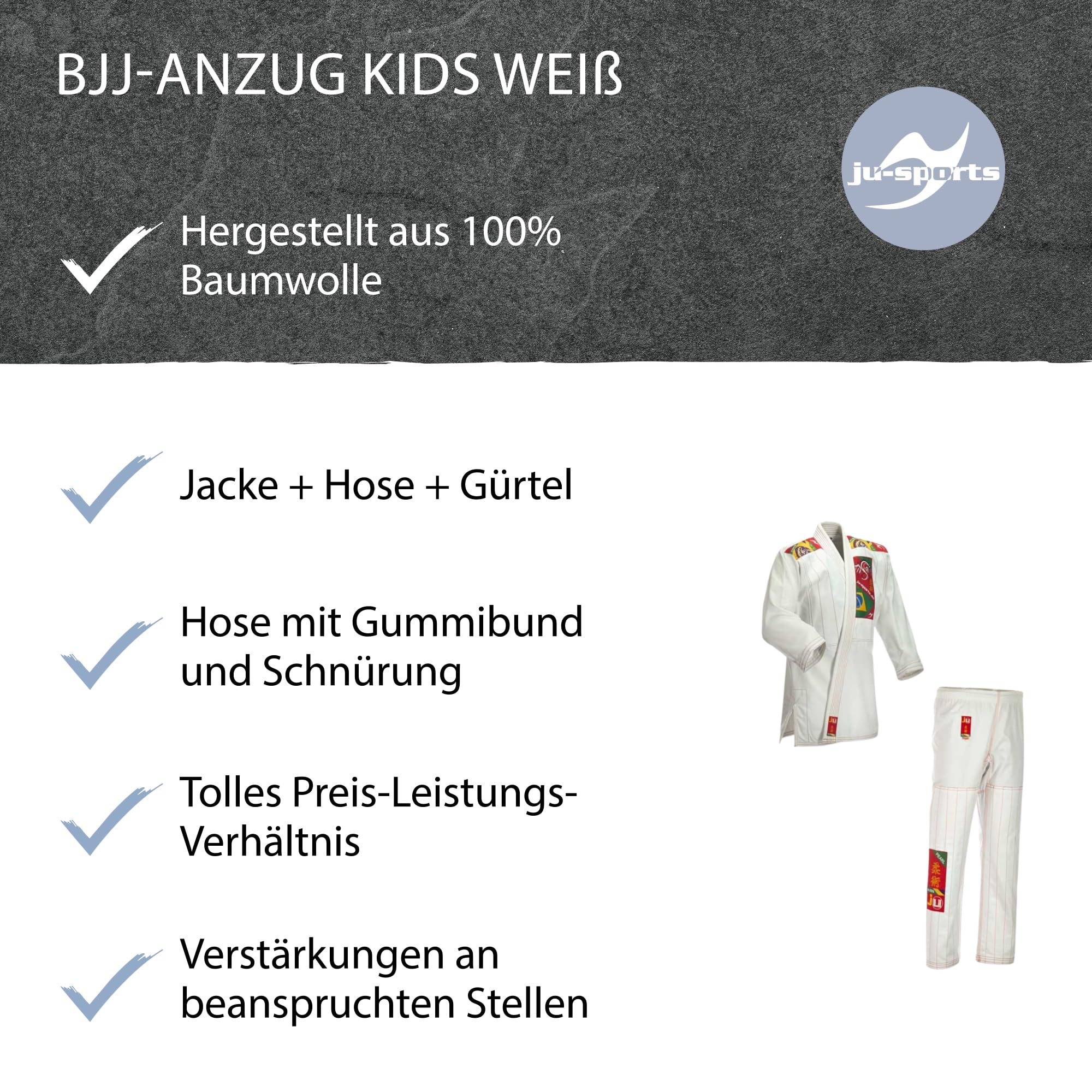 Ju-Sports BJJ Gi Kids Weiß I Leichter, schlanker Brazilian Jiu Jitsu Anzug speziell für Kinder, BJJ Gi im bunten Design inkl. weißem Gurt, 100% Baumwolle