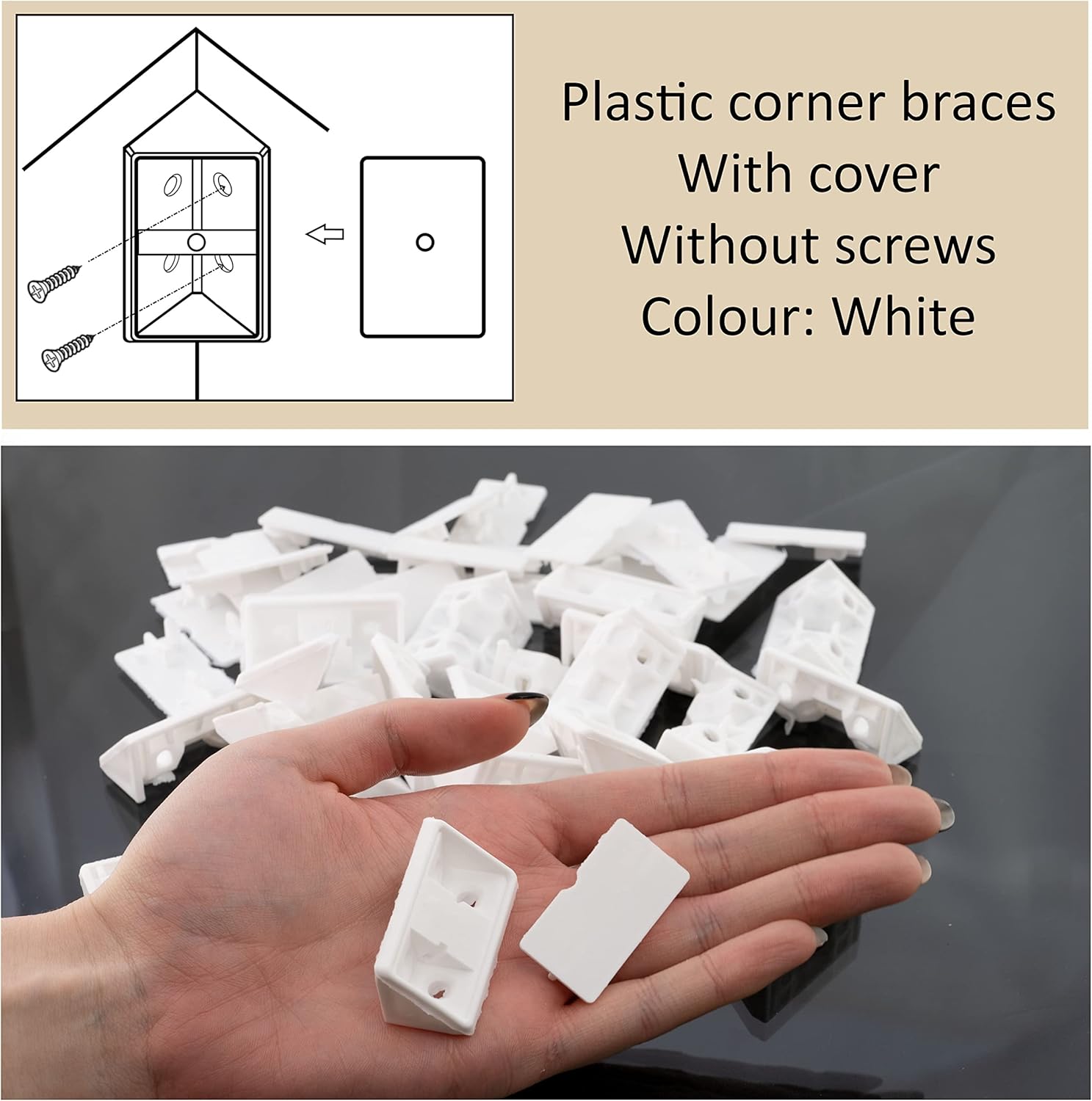 AERZETIX - C65770 – Set of 25 Angle Brackets 42 x 27 mm in Plastic with Lid – Furniture Mounting Fitting – Bracket Shelves Fixing Panels Cabinet Screw Cabinet, White