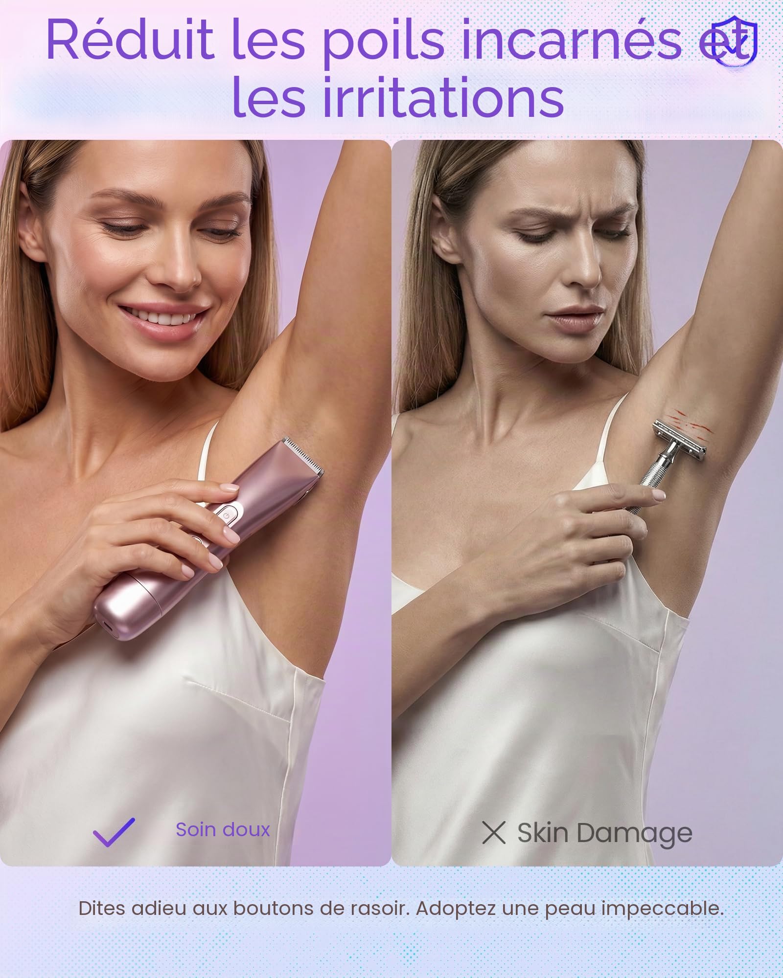 Rasoir pour femme, 2 en 1, double tête, rechargeable par USB, pour le visage, rasoir électrique pour les jambes, les bras et le visage, étanche IPX7 (or rose)
