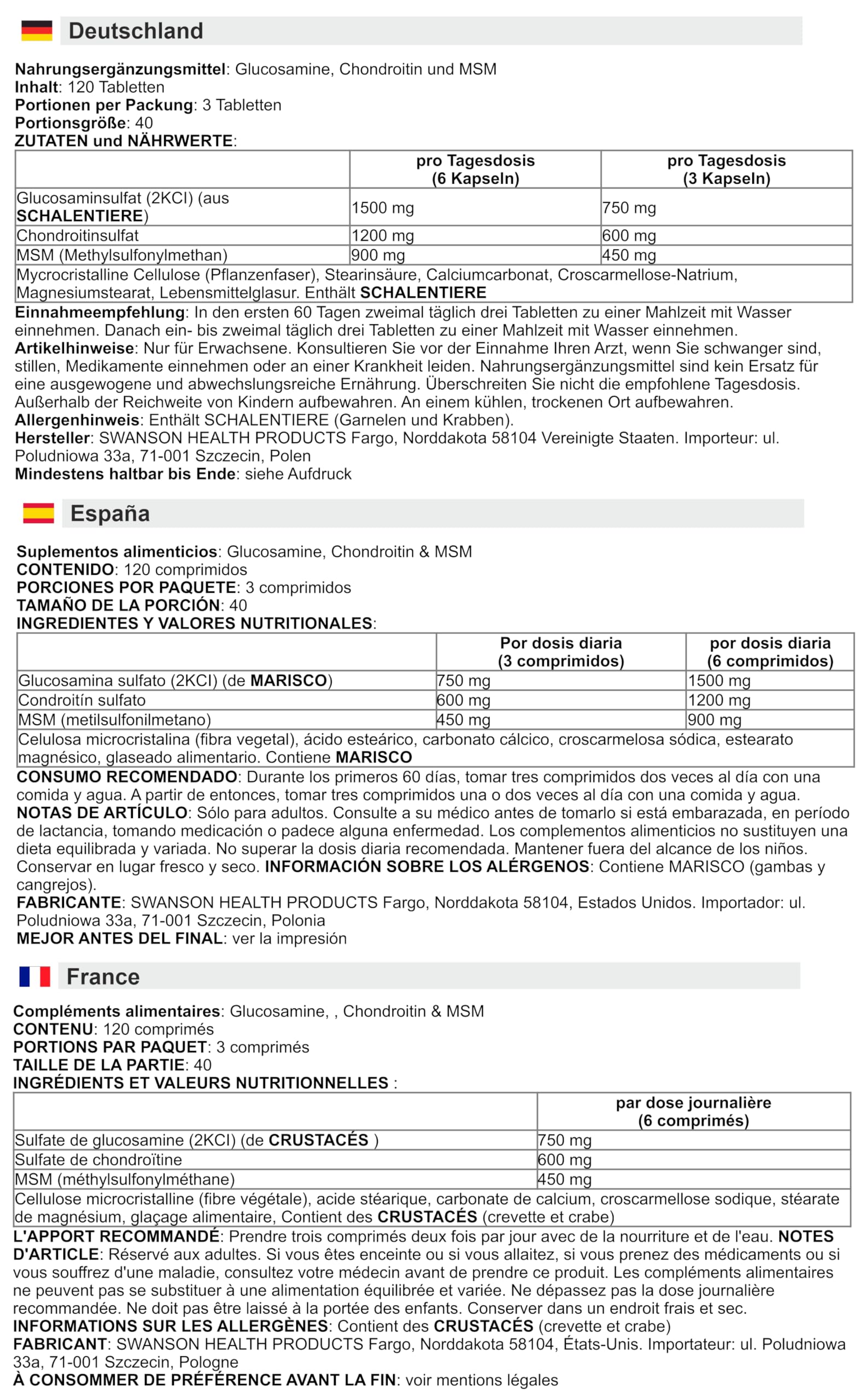 Swanson - Glucosamine, Chondroitin & MSM | Soutien pour la santé des articulations et la mobilité - 120 Comprimés