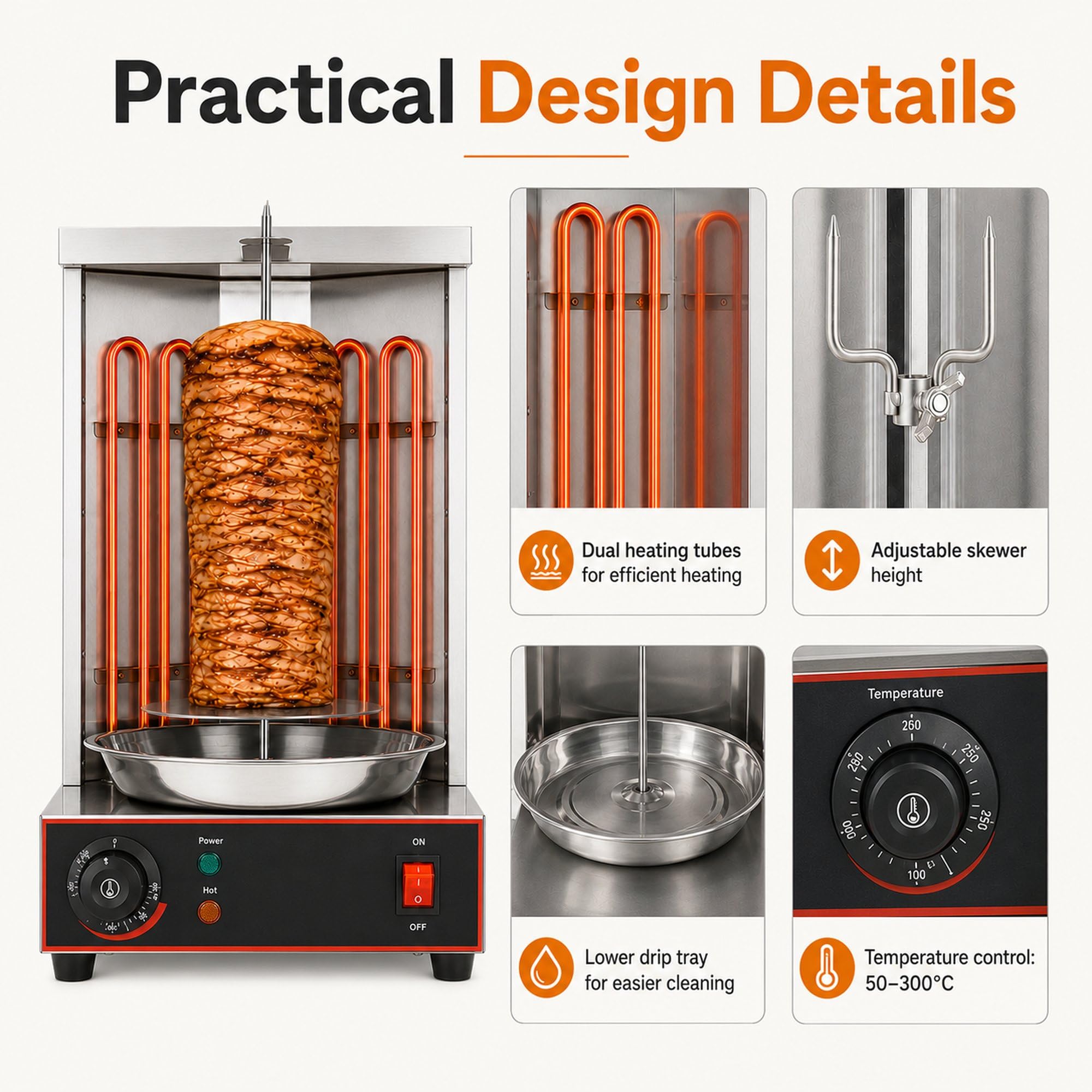 Machine à Shawarma éLectrique Professionnelle, Four RôTissoire Vertical en Acier Inoxydable 2400 W, RéGlage De La TempéRature : 50-300 °C, pour Restaurants