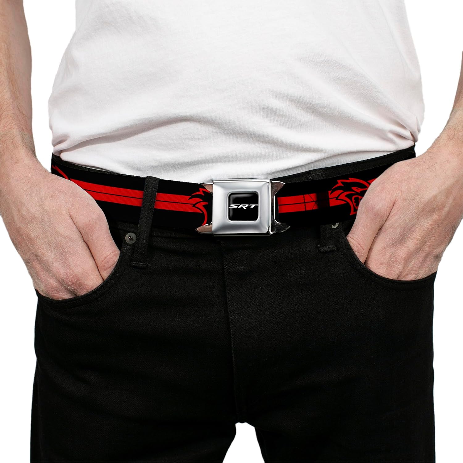 Buckle-Down Men's Seatbelt Belt Viper SRT Hellcat Kids, Dodger Stripe Logo Black/red, 1.0" Wide-20-36 Inches