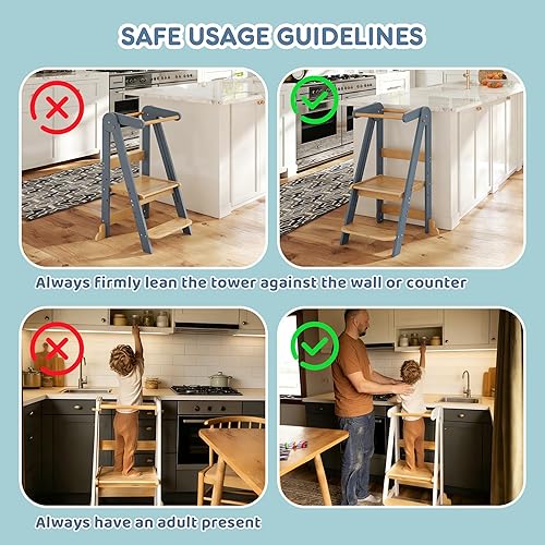 Miniatura 7 de HARPPA Nordi - Torre de cocina plegable para niños pequeños, ayudante de aprendizaje de cocina Montessori, torre de pie con 3 alturas ajustables,