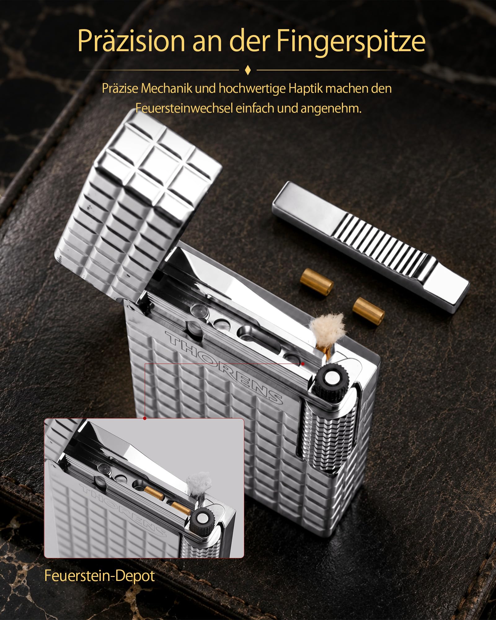 THORENS Argent Blocks Silber Benzinfeuerzeug, Messing, Side-Slide | Klassik-Retro, klarer Klang, Vintage, offene Flamme, nachfüllbar, Reibrad, Unikat Flip-Fluid-Lighter, Luxusgeschenk, graviert
