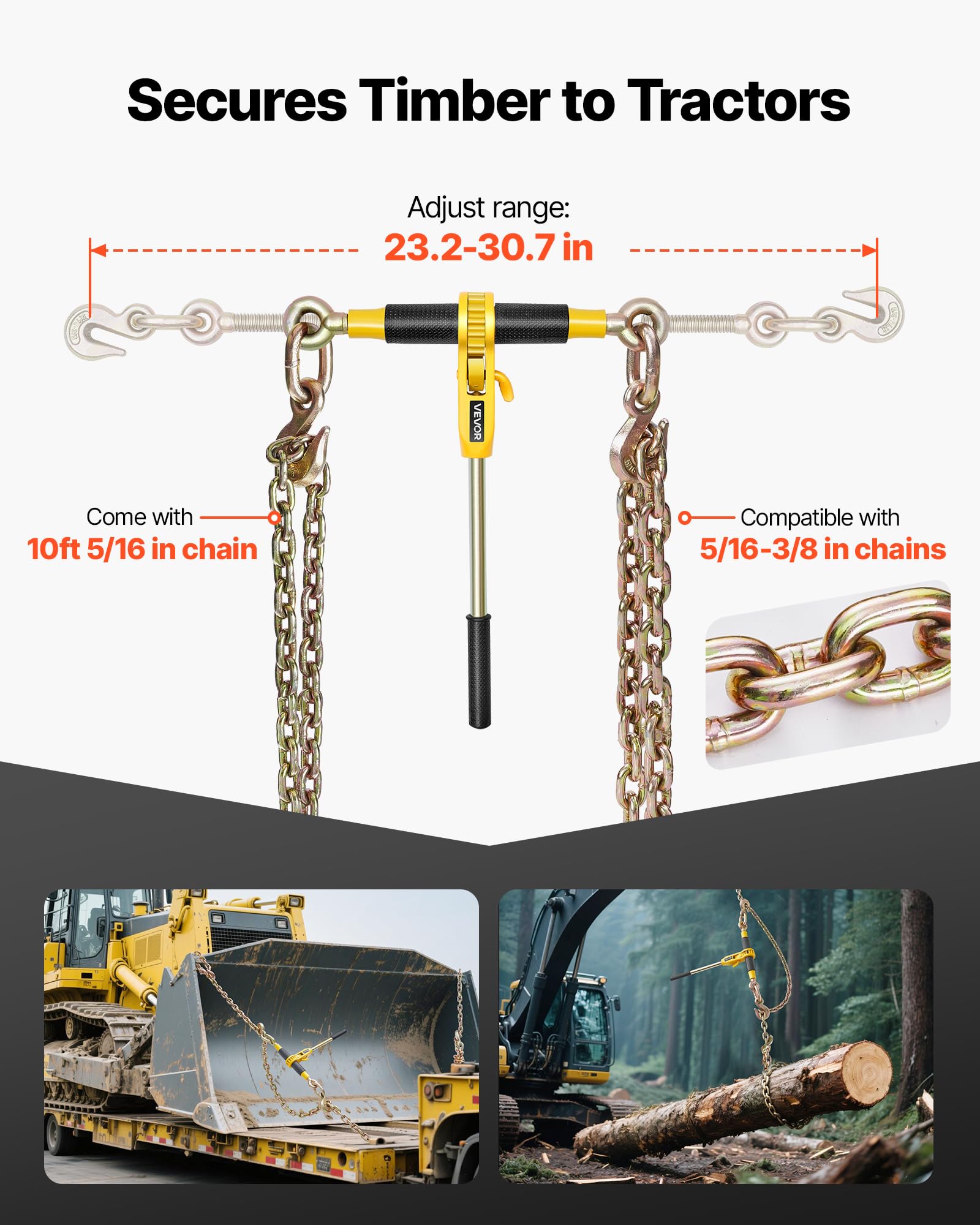 VEVOR Tensor de Trinquete con Cadenas G80 de 8 mm x 3 m, Kit de Cadenas y Tensores 2 Piezas Tensores de Cadena de Amarre Carga de Trabajo de 3629 kg para Transporte, Remolque, Rala y Elevación