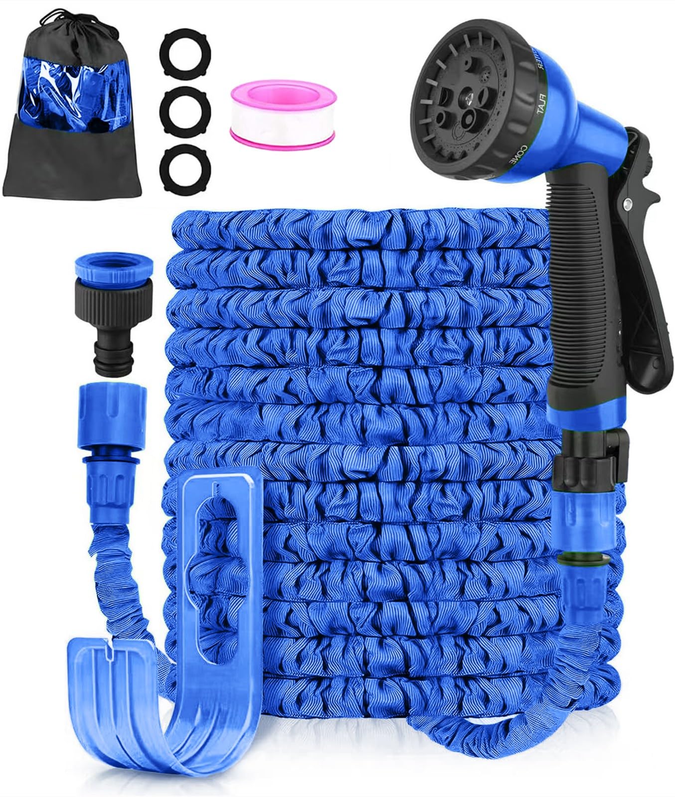 LINGKY Expandable Garden Hose Pipe 75ft, Retractable Hosepipes for Garden with 8 Functions Spray Gun, Expanding Magic Water Hose Attachments 3/4"&1/2" Connectors, Flexible Hose Anti-Kink