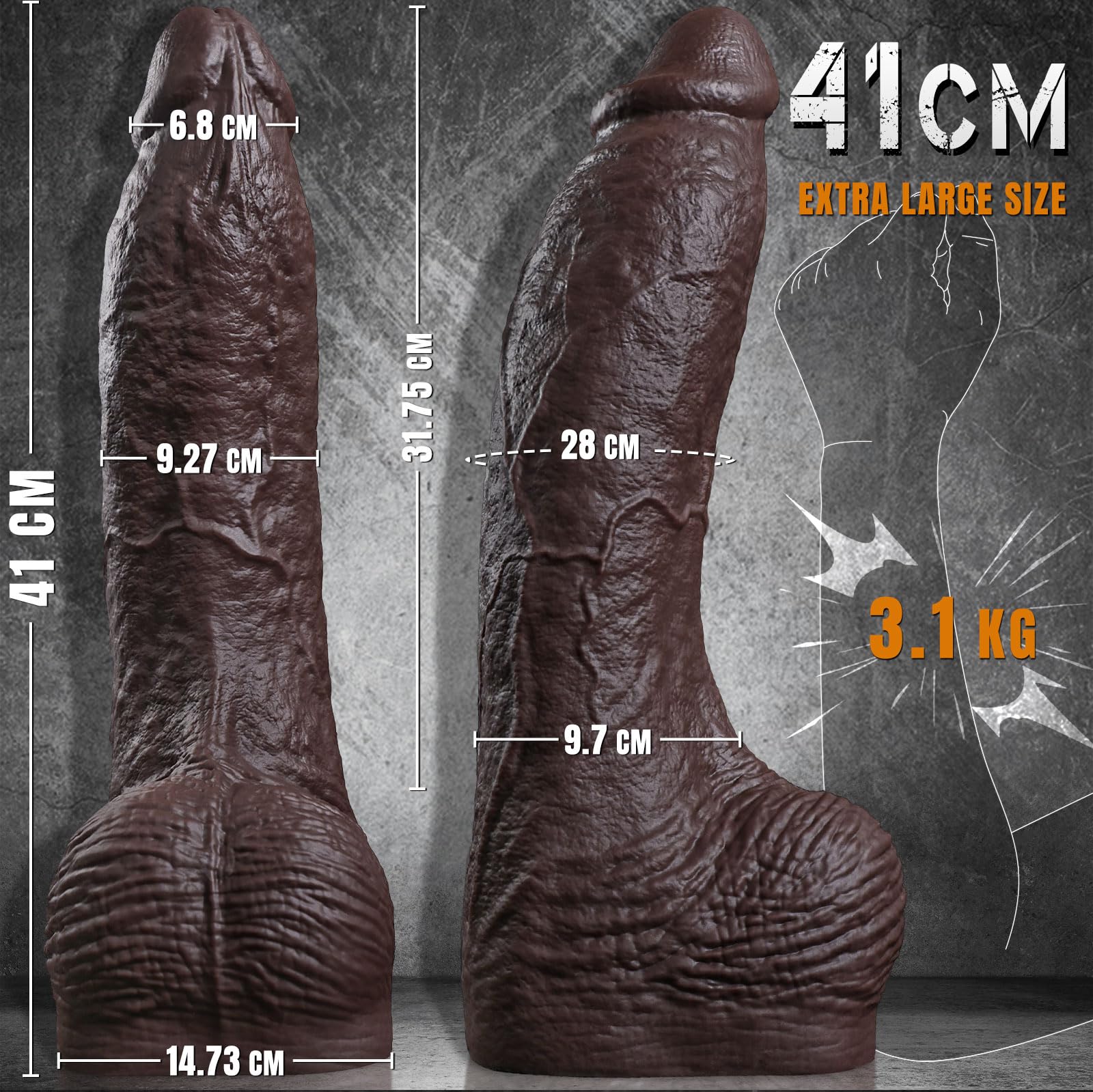 Dildo XXL Gigante 41 × 9 cm, Consolador Monster Negro de Silicona de Doble Densidad con Ventosa, Diseño Realista e Impermeable, para Usuarios Experimentados