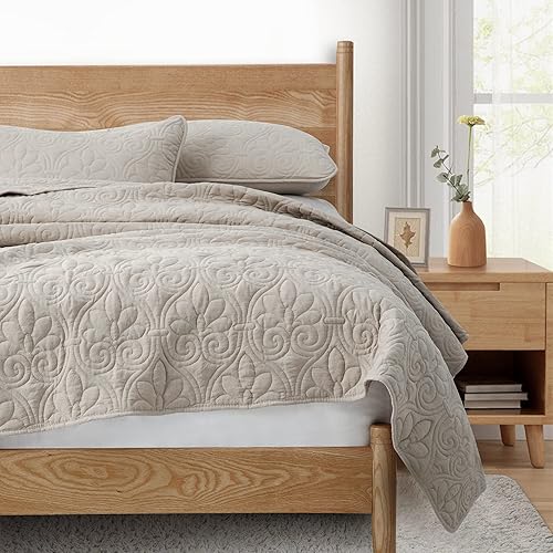 Miniatura 4 de PEACE NEST Juego de colcha acolchada de 3 piezas con fundas de almohada ligera para todas las estaciones tamaño King caqui 106 x 90 pulgadas