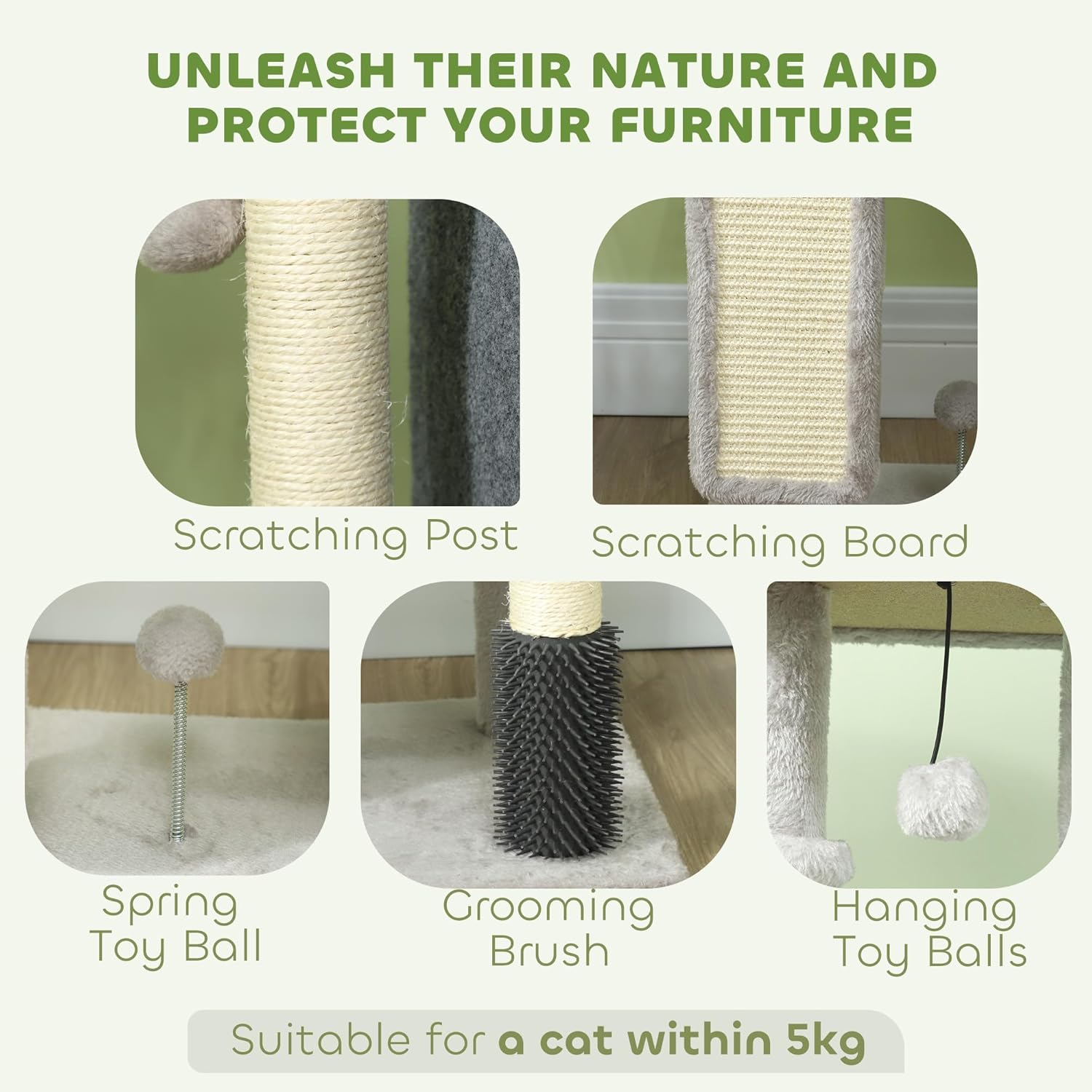 Close-up images of the cat tree's scratching post, scratching board, spring toy ball, grooming brush, and hanging toy balls, with text indicating suitability for cats under 5kg.
