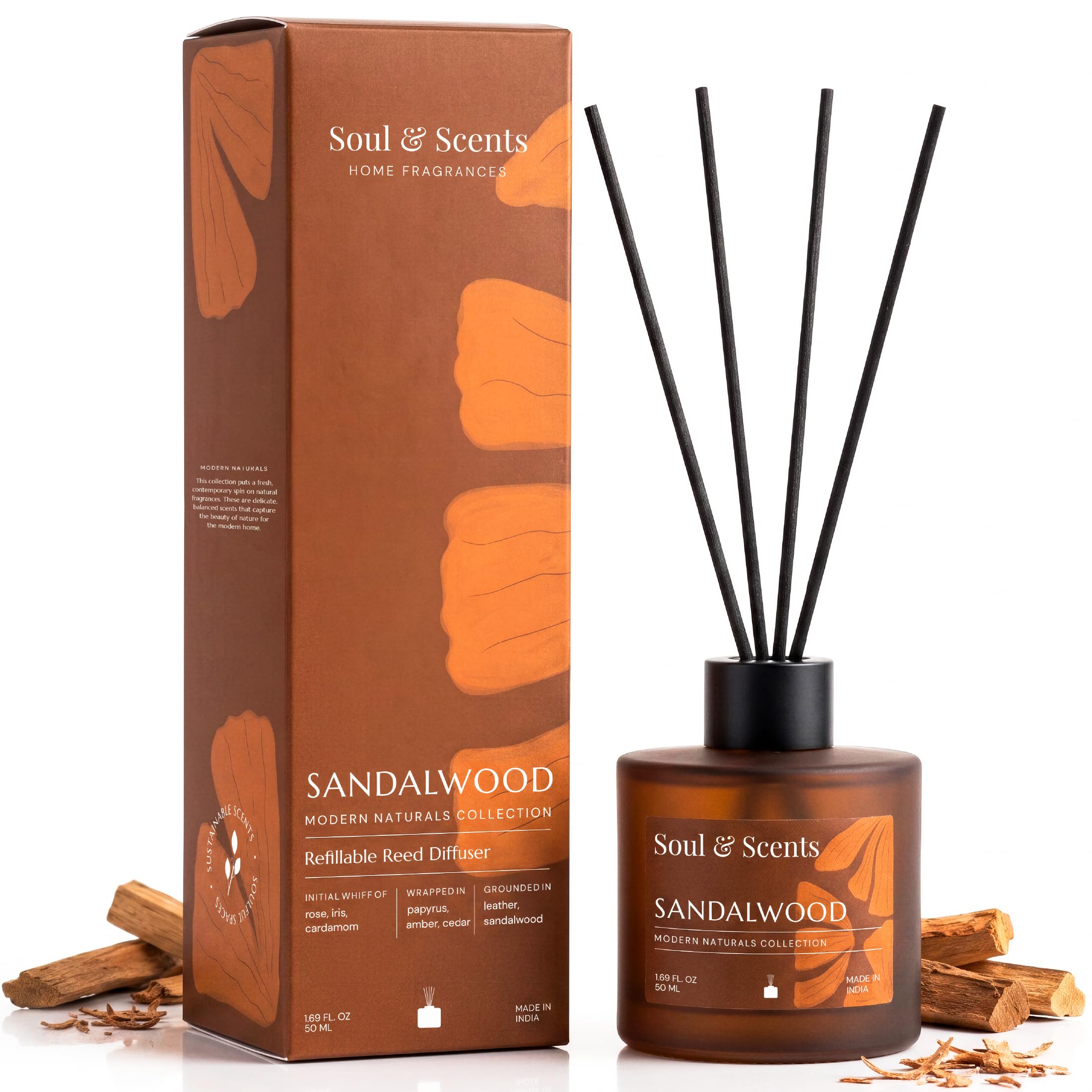 Soul & Scents 50ml Sandalwood Reed Diffuser Set | Warm Woody Aroma of Creamy Sandalwood & Cedar | Get 5 Rattan Reed Sticks | Smoke Less Room Freshener for Home, Bedroom, Living Room & Office
