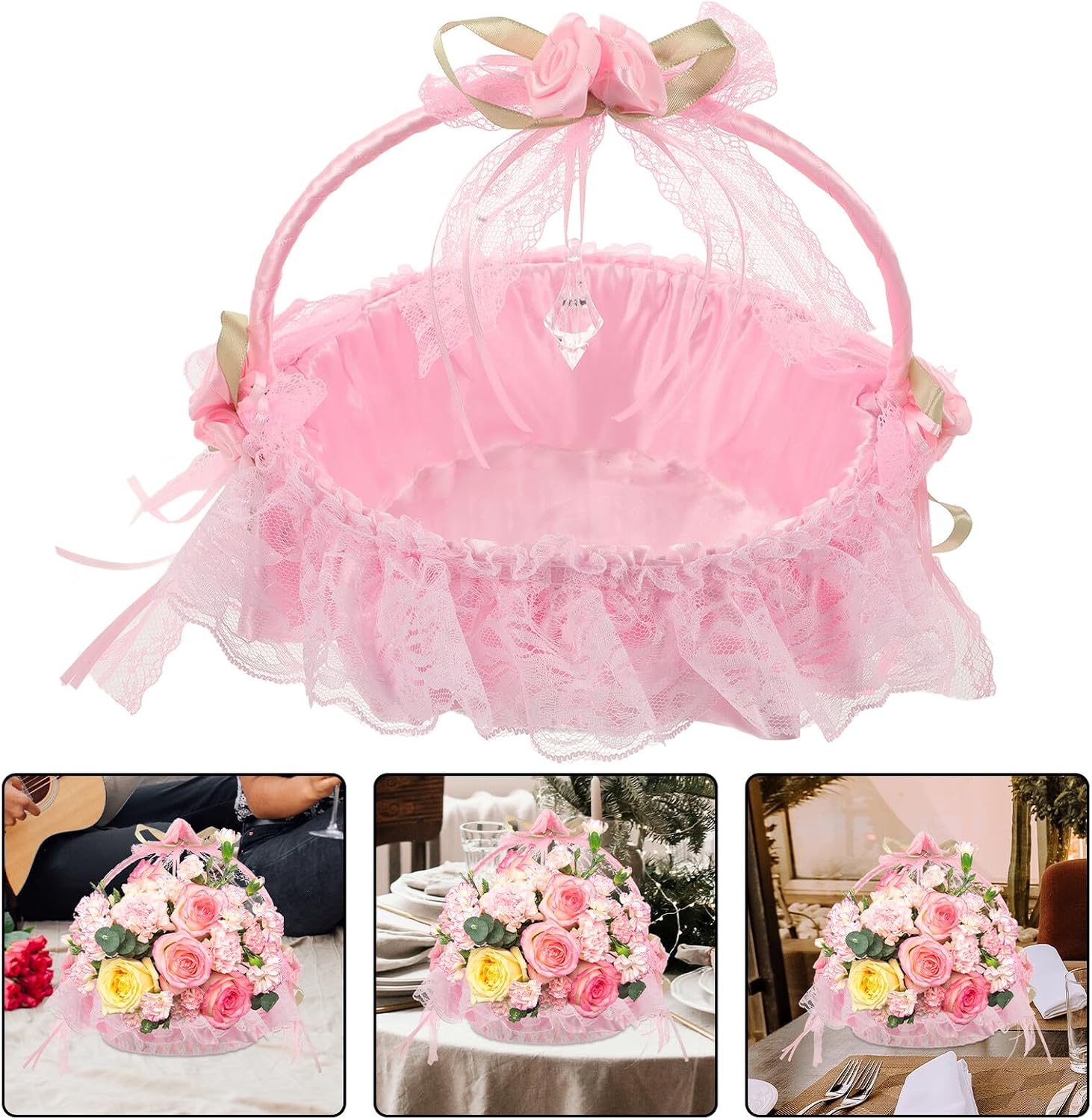 Artibetter Wedding Flower Girl Basket with Pink Lace Trim, Woven Handheld Bridal Basket for Wedding Ceremony and Rustic Party Decor