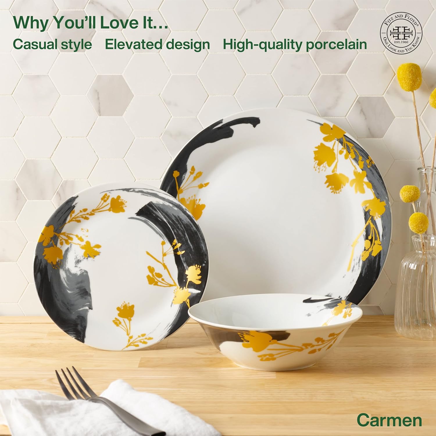 Eastern-Inspired White Porcelain Floral Dinnerware Set for 8