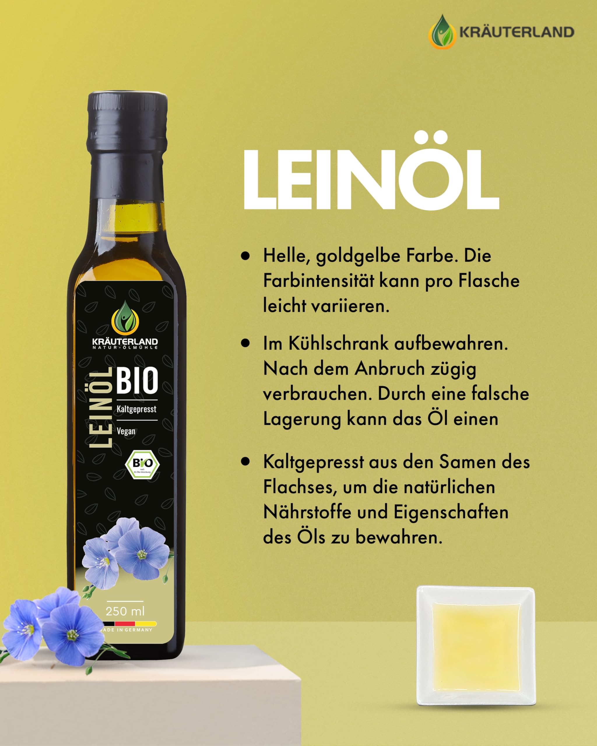 Kräuterland Bio Leinöl 2X250ml (500ml), Bio Leinsamen, kaltgepresst, mild & nussig, reich an Lignane und Omega 3-6-9 Fettsäuren, naturrein ohne Zusatzstoffe, glasflasche, mühlenfrisch - 2