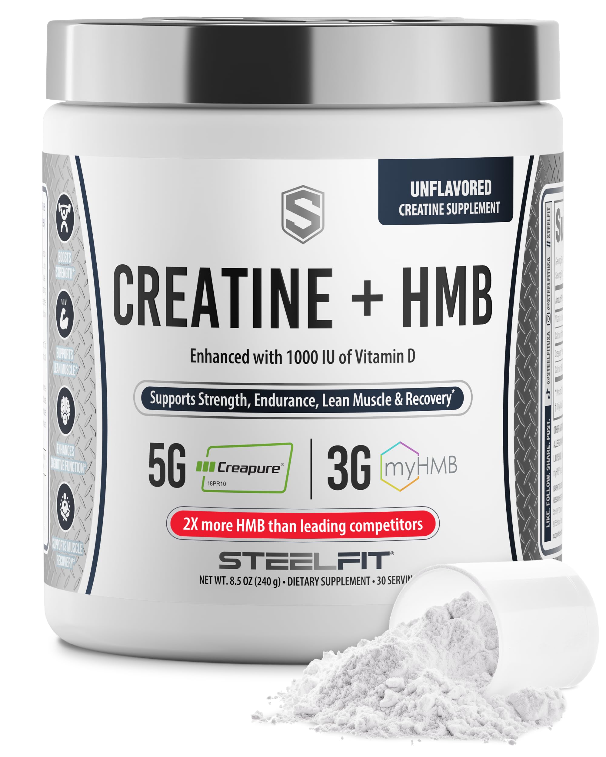 SteelFit Suplemento de Creatina com HMB em pó, 5 g de monoidrato de creatina Creapure, 30 porções