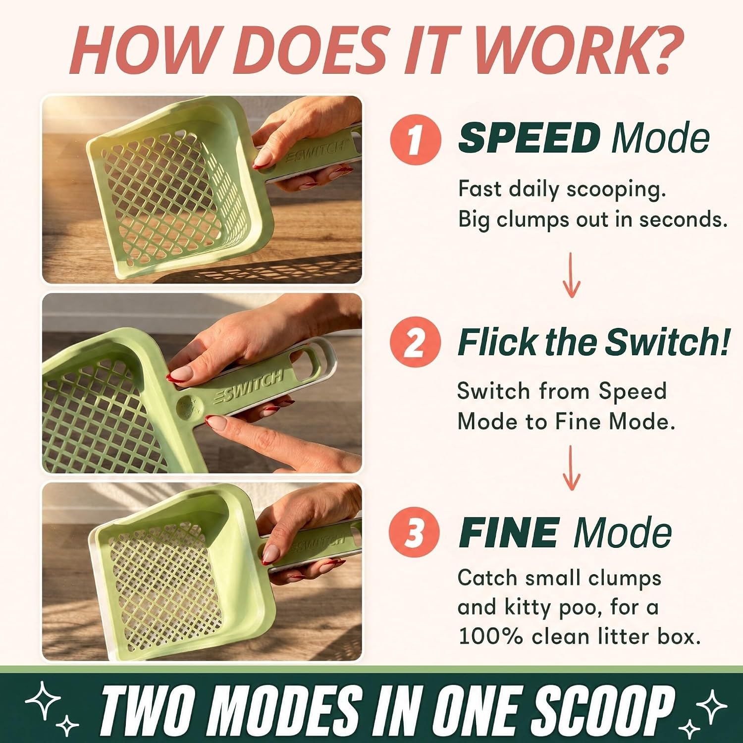Sprinkle & Sweep: Speed Sifter Switch - Cat Litter Scooper, 2-in-1 Design: Speedy & Fine Modes, Washable Base Stand, Heavy Duty Pet Waste Removal Tool