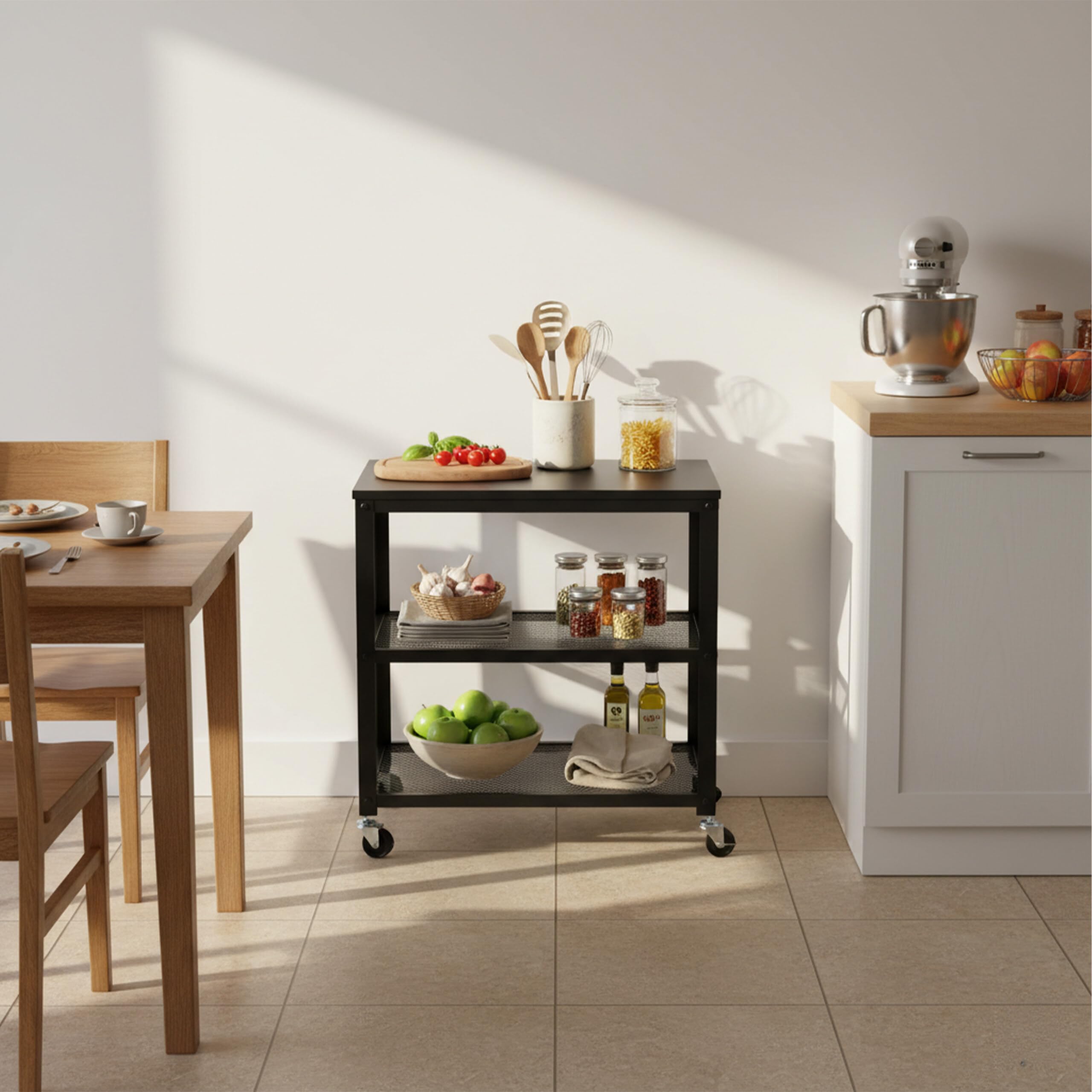 Carro Relaxdays, 3 estantes, Cocina y salón, Medidas H x B x T: 61 x 60 x 40 cm, Carro móvil con Ruedas, Negro