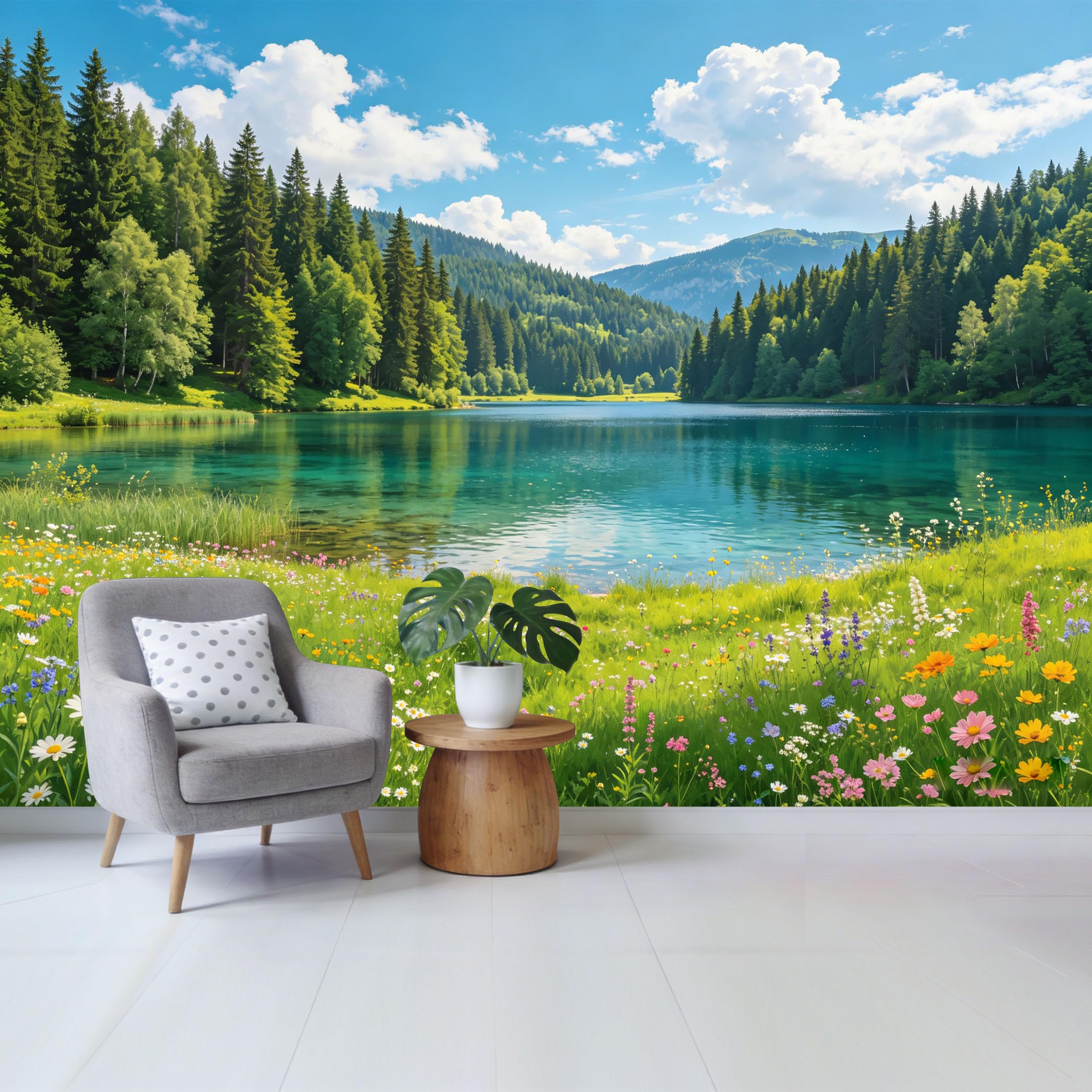 Qzlithotic Yq2605250162 Custom Size Wall Mural Alpine Mountain Lake Scenic View Wildflower Meadow Botanical Landscape Selfadhesive Wall Fabric Removable Wallpaper For Home Office Decor