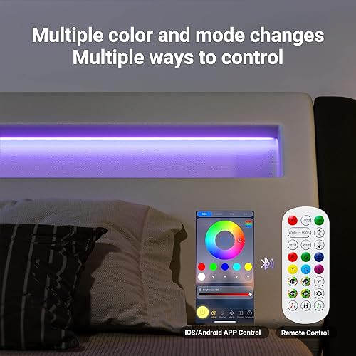 Miniatura 5 de Allewie - Base de cama de tamaño queen con plataforma LED, cabecera ajustable/no necesita somier/montaje fácil/piel sintética en blanco y negro