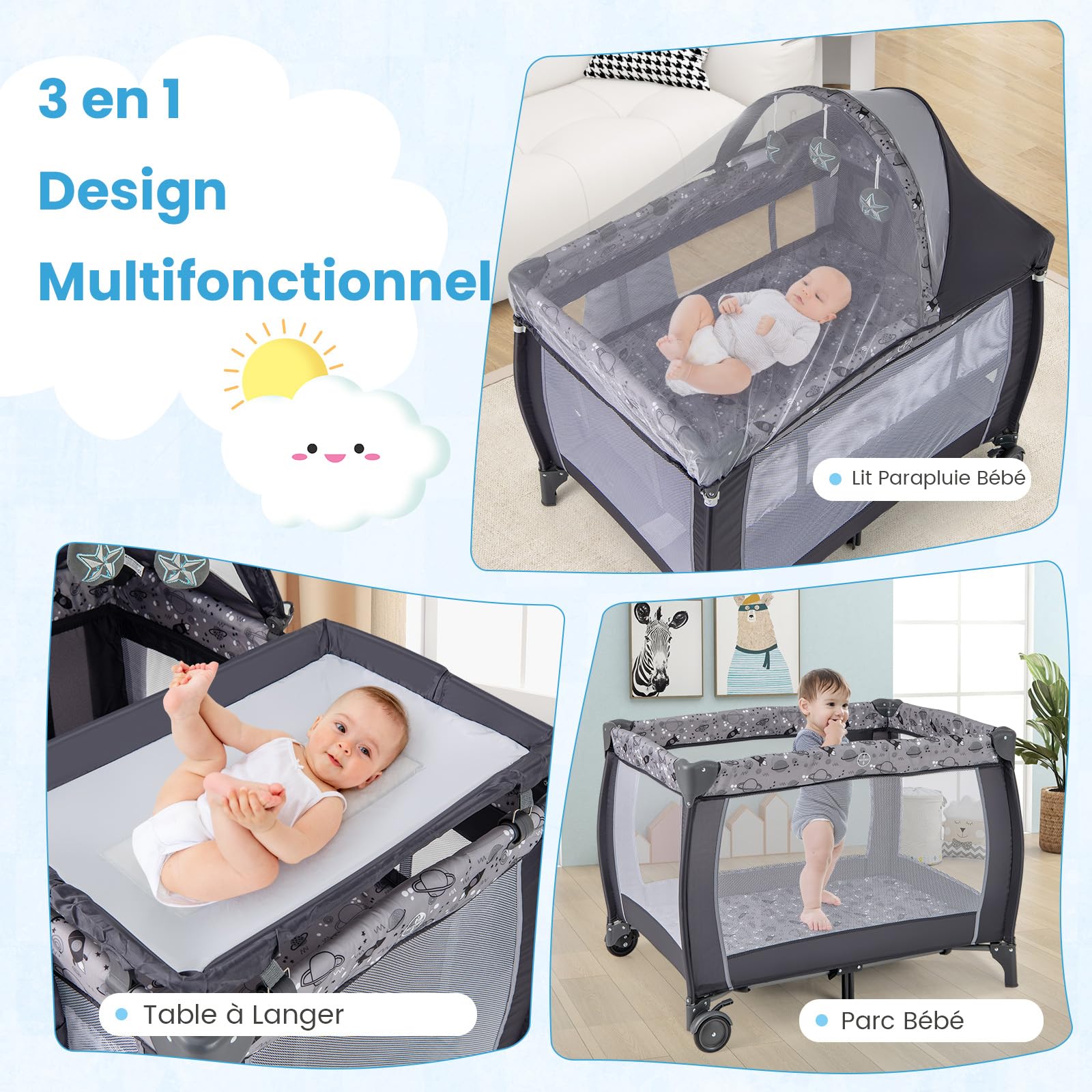 GOPLUS Lit Parapluie Bebe avec Matelas, 4 en 1 Berceau Bébé Evolutif avec Table a Langer, Roues Verrouillables, Jouets Suspendus, Boîte à Musique, Lit de Voyage Portable pour 0-3 Ans