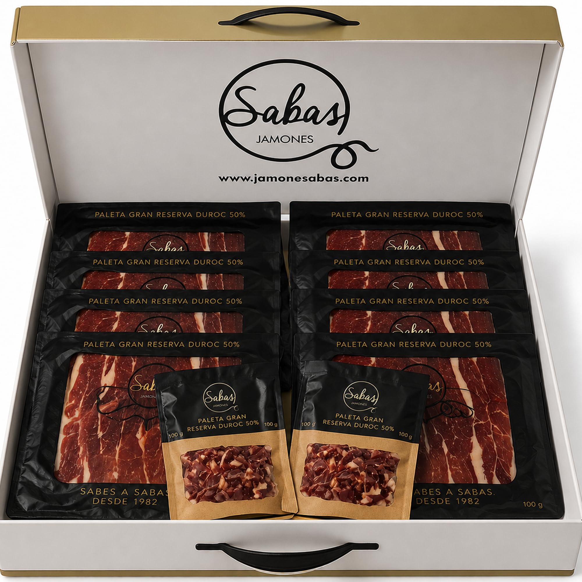 SABE A SABAS Cesta Paleta Gran Reserva Duroc 50% Cortada a Cuchillo 10 Sobres 100g con 2 Taquitos 100g Estuche Gourmet Regalo Jamon Curado Loncheado Tabla Aperitivo Navidad Evento Familiar