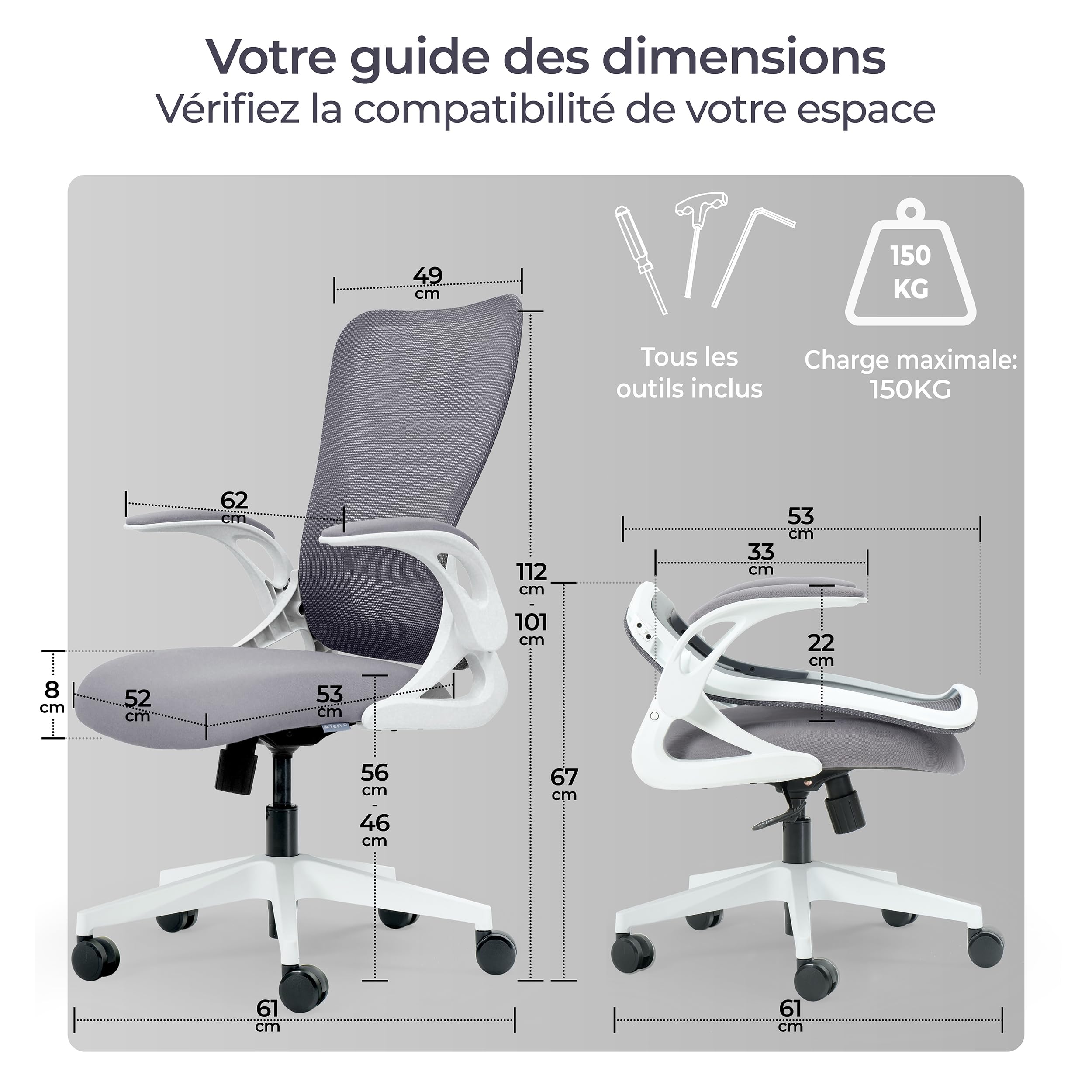 Tervo Model U | Chaise de Bureau Pliante pour Petits espaces | Chaise de Jeu pour Adultes et Enfants | Chaise d'ordinateur Ergonomique en Maille pour la Chambre à Coucher