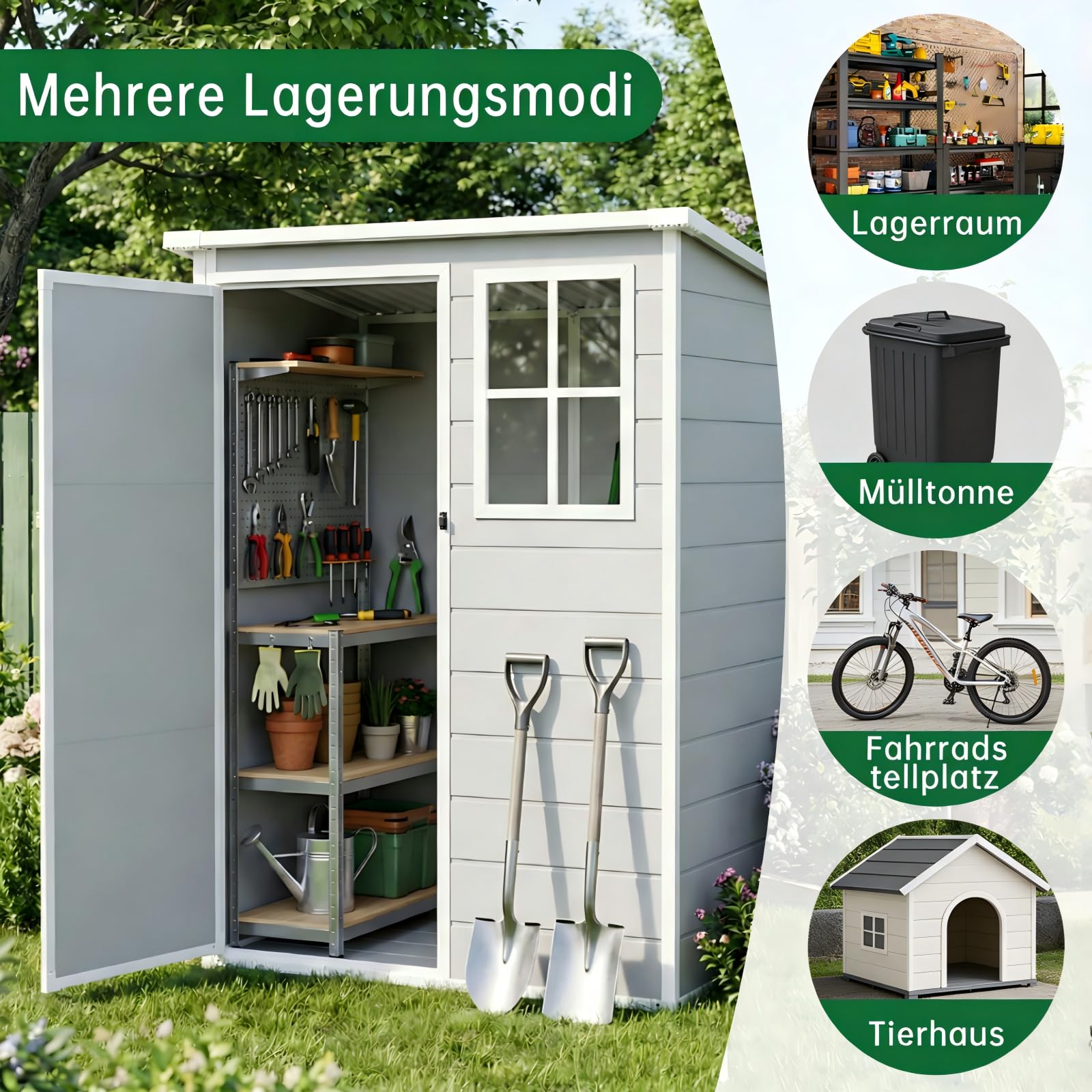 Kunststoff Gerätehaus mit Boden, 138x110.5x182 cm, wetterfestes Gartenhaus mit Fenster & abschließbarer Tür – ideal für Garten, Terrasse, Hinterhof & Werkzeuge
