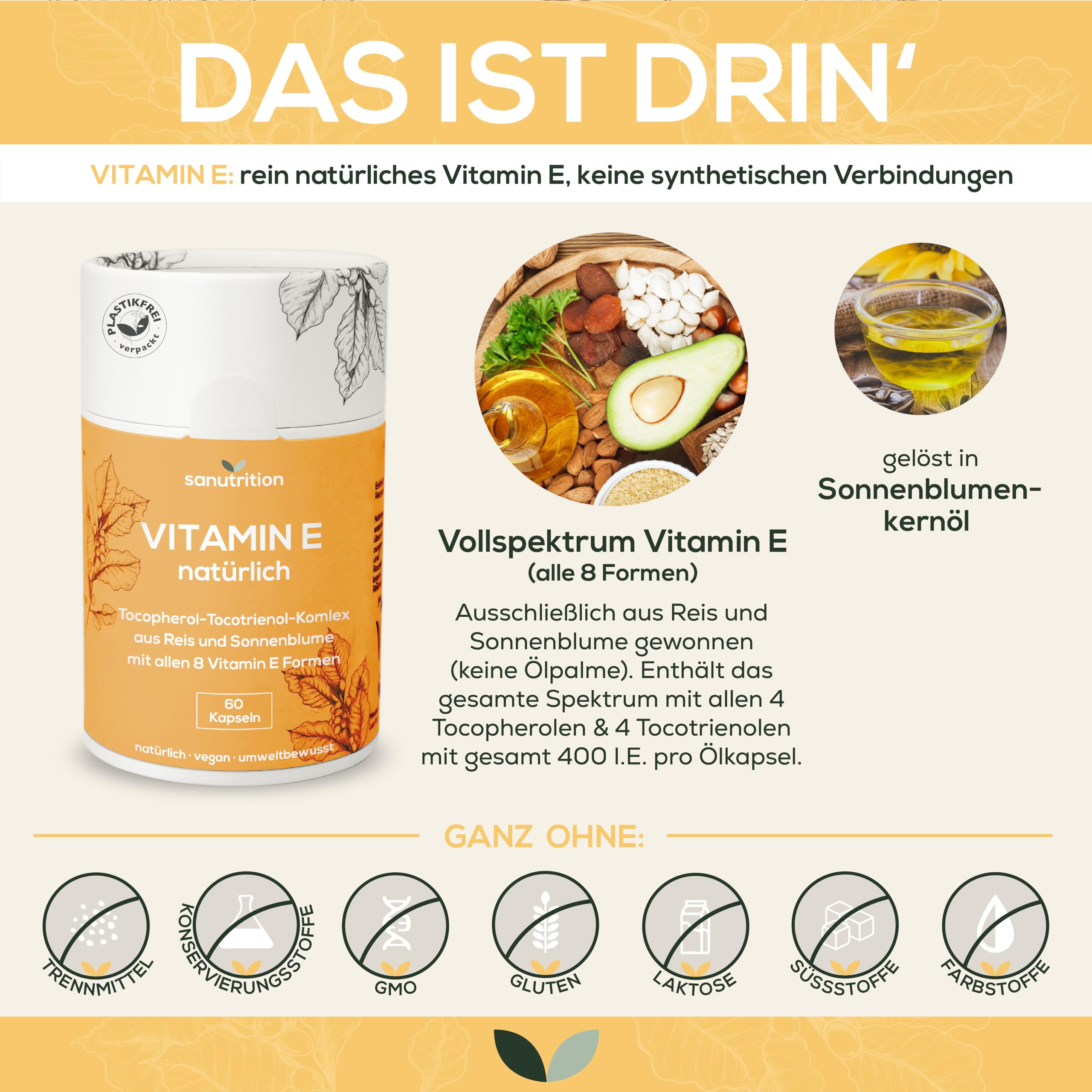 Vitamin E natürlich 400 IE pro Kapsel | 60 Kapseln | Mit allen 8 Vitamin E-Formen | Vegan aus Sonnenblume | 100% Papierverpackung