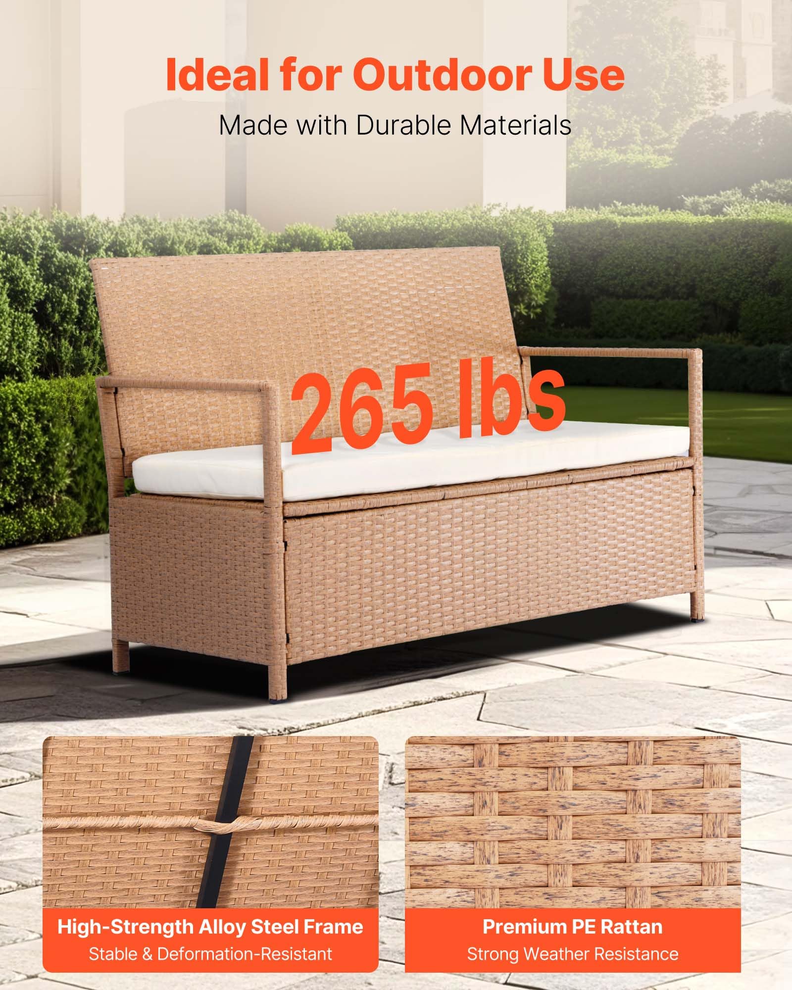 VEVOR Banc de Rangement Extérieur en Rotin Synthétique Coffre de Jardin 265 L, Banc de Terrasse avec Coussin, Capacité de Charge 120,2 kg, Siège d'Extérieur pour Patio, Jardin, Balcon, Cour, Porche